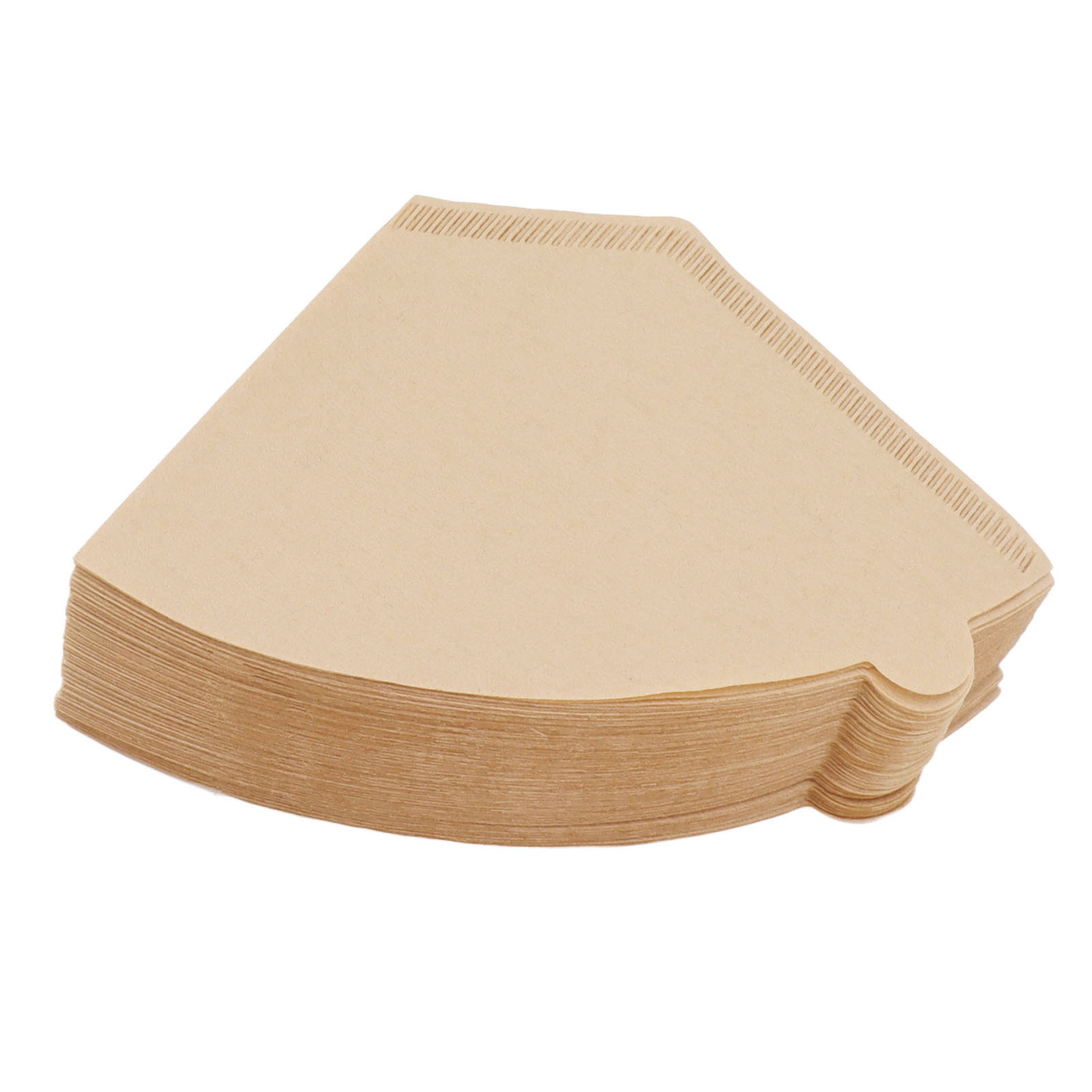 Ein Stapel beigefarbener, kegelförmiger Kaffeefilter. Die Filter sind gestapelt und einsatzbereit.
