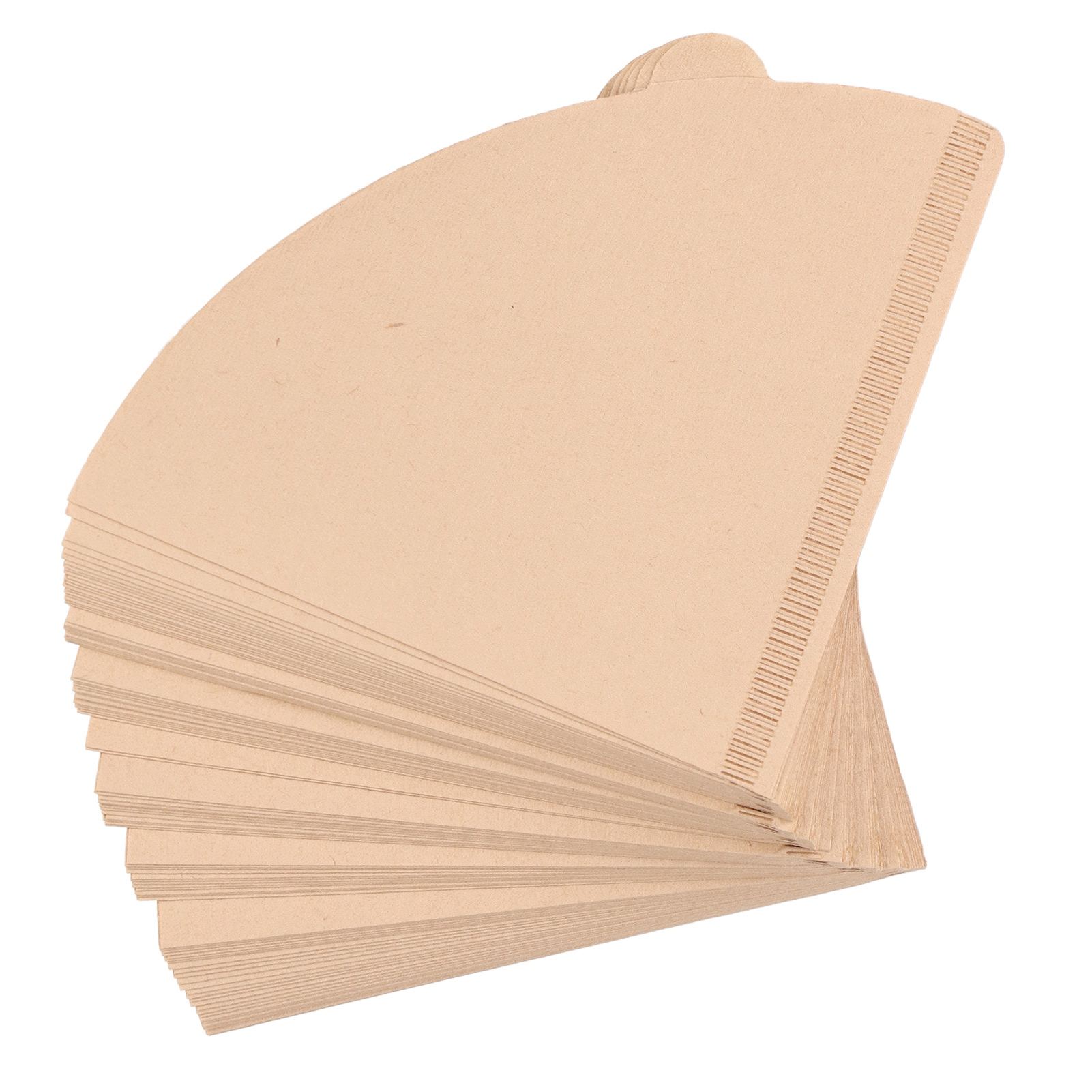 Ein Stapel beige, kegelförmiger Kaffeefilter. Die Filter sind gestapelt und aufgefächert, mit einer strukturierten Kante.