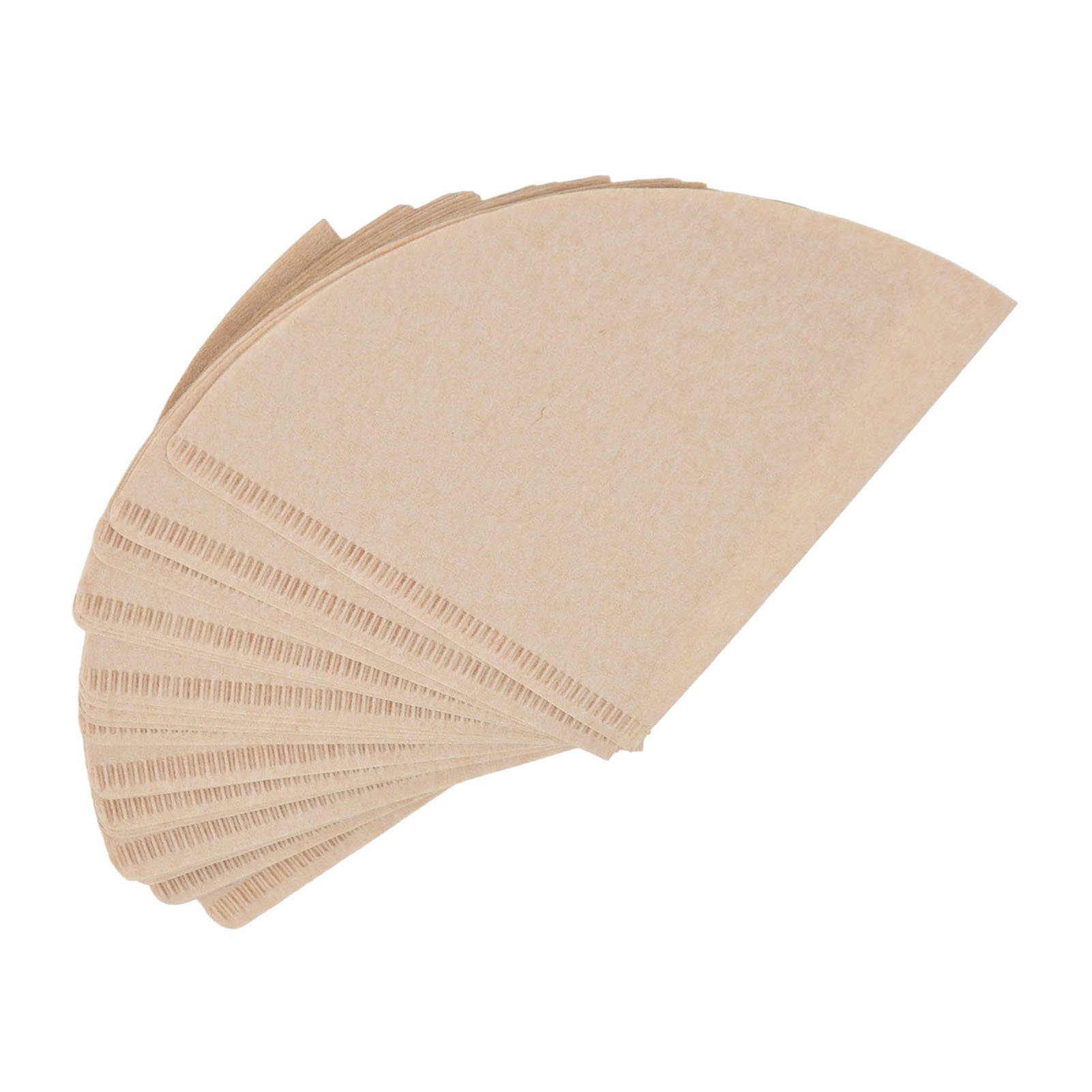 Ein Stapel beige, halbkreisförmiger Papier-Kaffeefilter vor weißem Hintergrund.