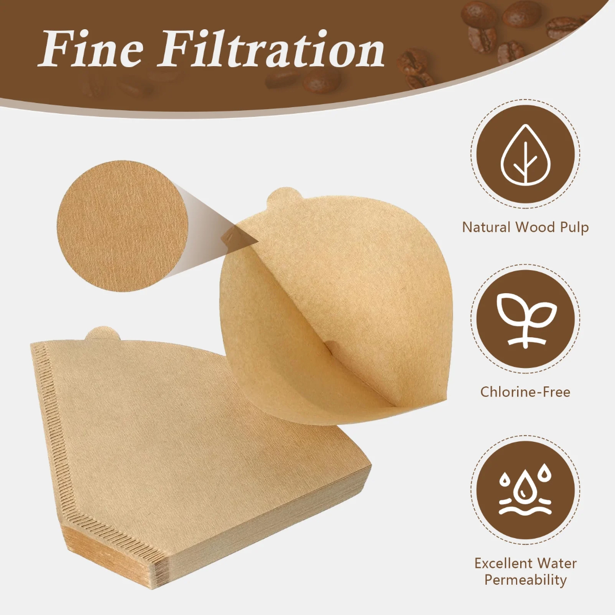 Das Bild zeigt Kaffeefilter mit dem Text 'Feine Filtration' und Symbolen: natürlicher Holzstoff, chlorfrei und ausgezeichnete Wasserdurchlässigkeit.