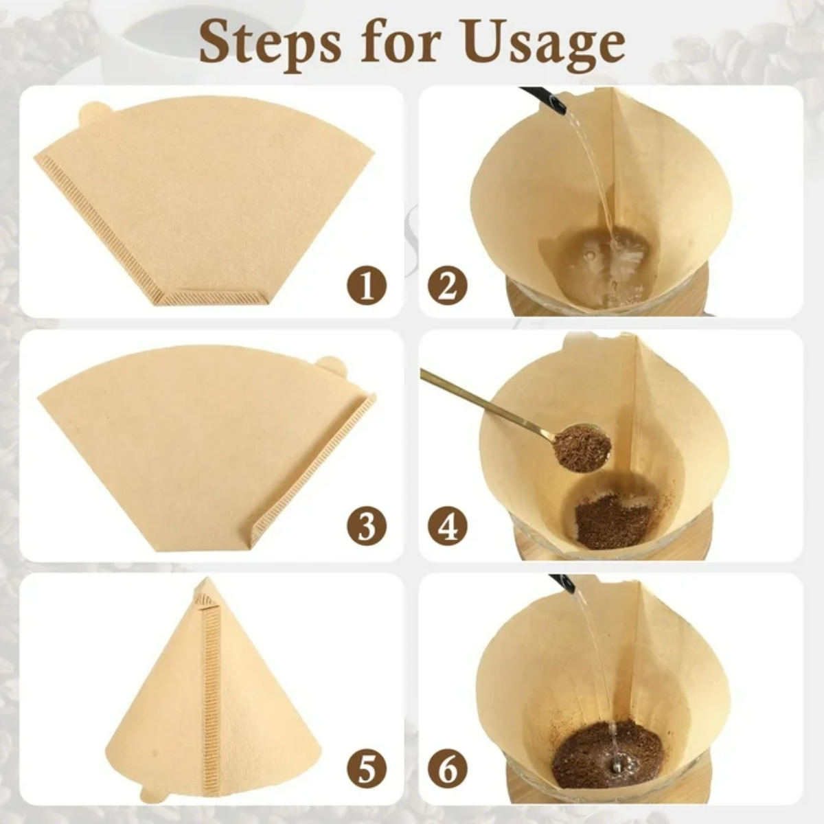 Schritte zum Kaffee kochen mit Papierfilter. Zeigt Filterfalten, Hinzufügen von Kaffeepulver und Wasser gießen. Enthält eine weiße Tasse.