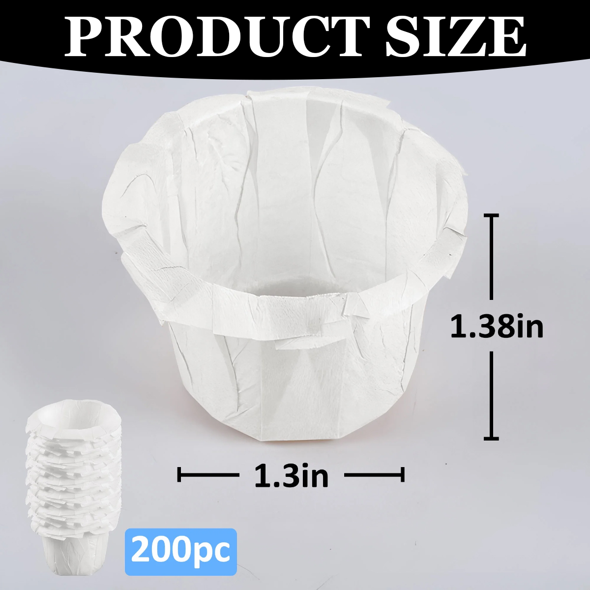 Weiße Papier-Backbecher. Eine große Tasse, ein Stapel Tassen und Größenangaben sind abgebildet. Der Titel lautet 'PRODUCT SIZE' und '200pc'.