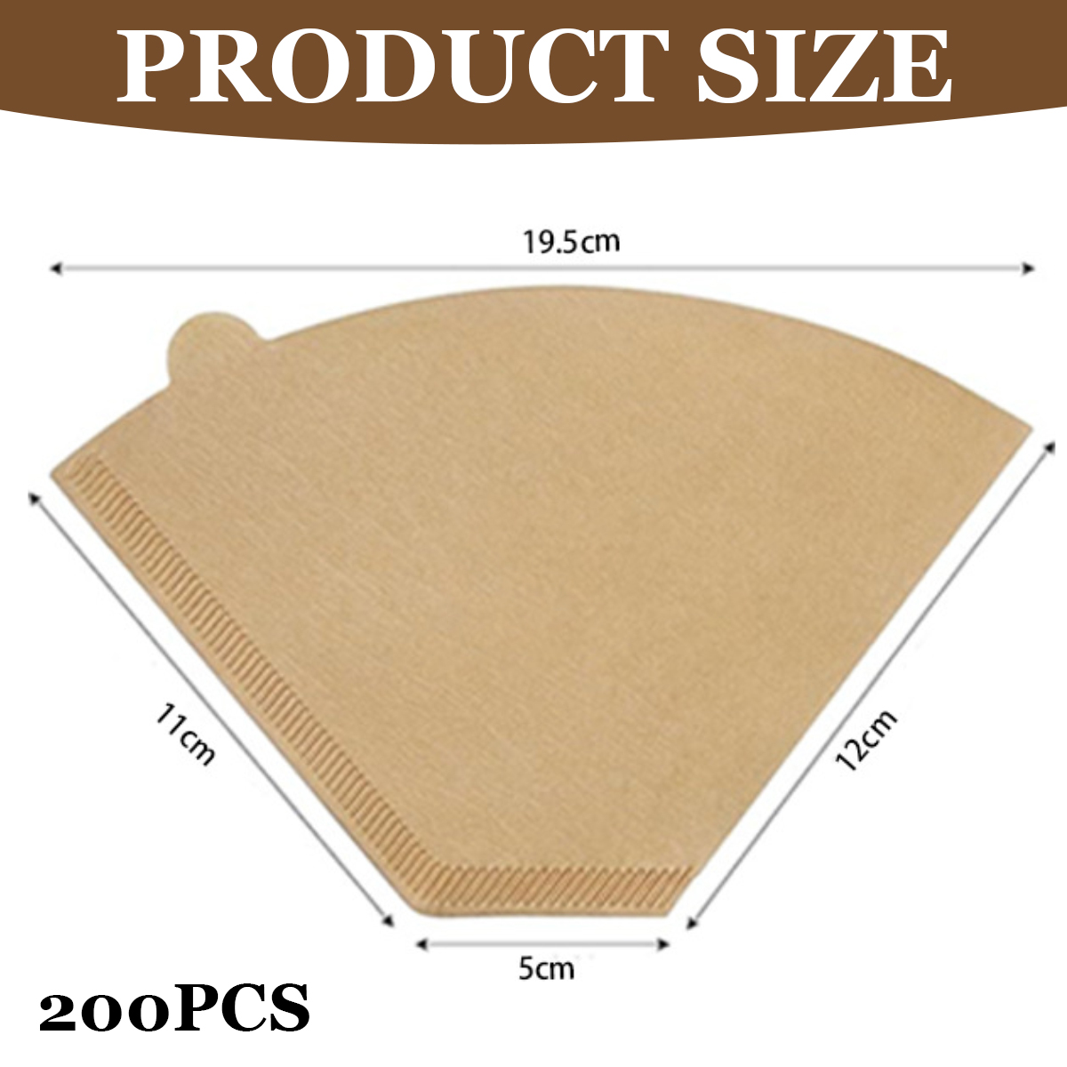 Ein Kaffeefilter mit den Maßen: 19,5 cm, 11 cm, 12 cm und 5 cm. Es ist mit 200 STÜCK gekennzeichnet.