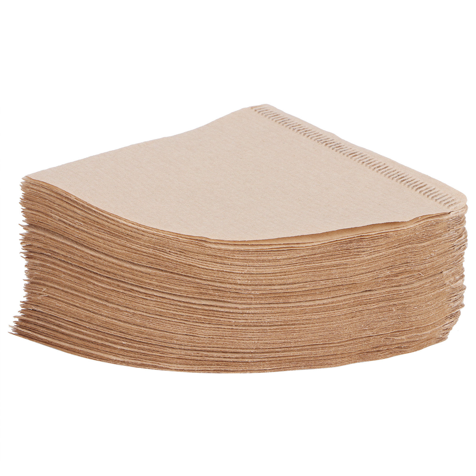 Ein Stapel beige, konisch geformter Kaffeefilter. Die Filter sind geschichtet, mit strukturierter Oberfläche und gefaltetem Rand.