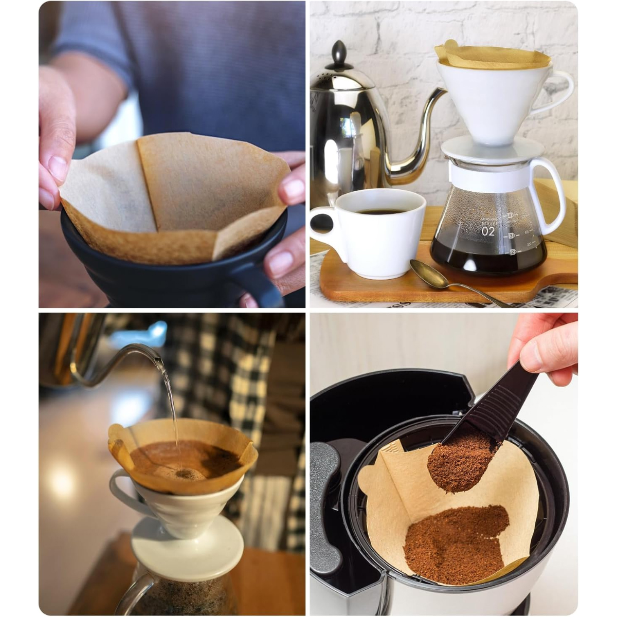 Vier Bilder zeigen die Kaffeezubereitung: Hand mit Filter, Kaffee-Setup, Wasser gießen und Kaffeepulver in den Filter geben.