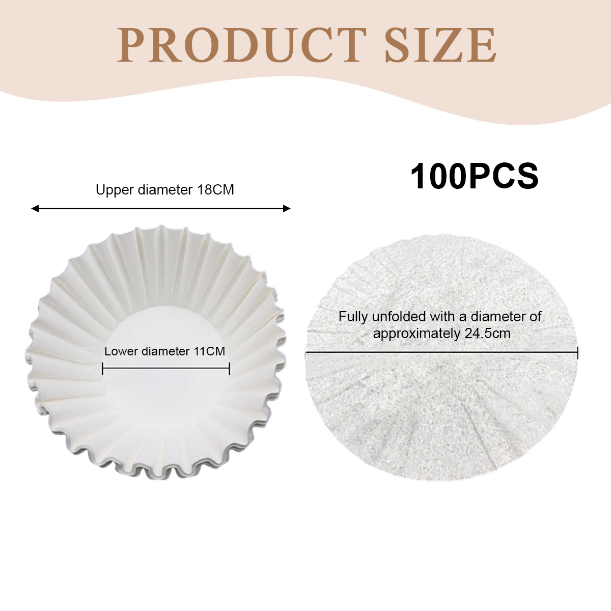 Das Bild zeigt die Größe des Kaffeefilters. Oberer Durchmesser 18 cm, unterer 11 cm. Ausgefalteter Filter 24,5 cm. Text: '100 STÜCK' und 'Produktgröße'.