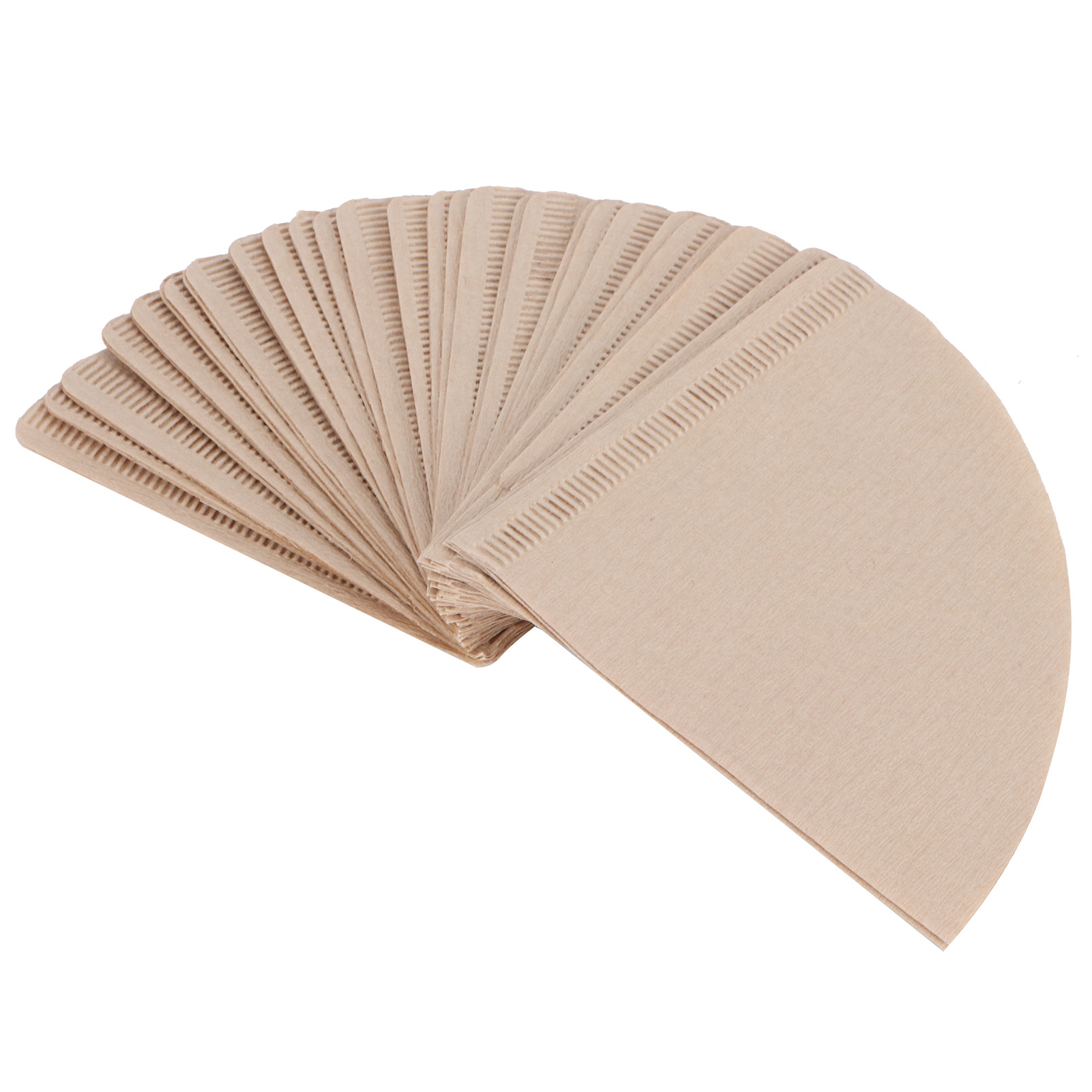 Ein Fächer aus hellbraunen Papier-Kaffeefiltern. Sie sind gestapelt und gebrauchsfertig. Der Hintergrund ist weiß.