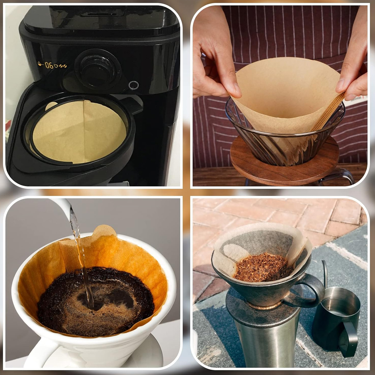 Kaffeezubereitung: Filter in der Maschine, Hand, Wasser gießen und Kaffeesatz in einem Metallhalter mit schwarzem Griff und einer Tasse.