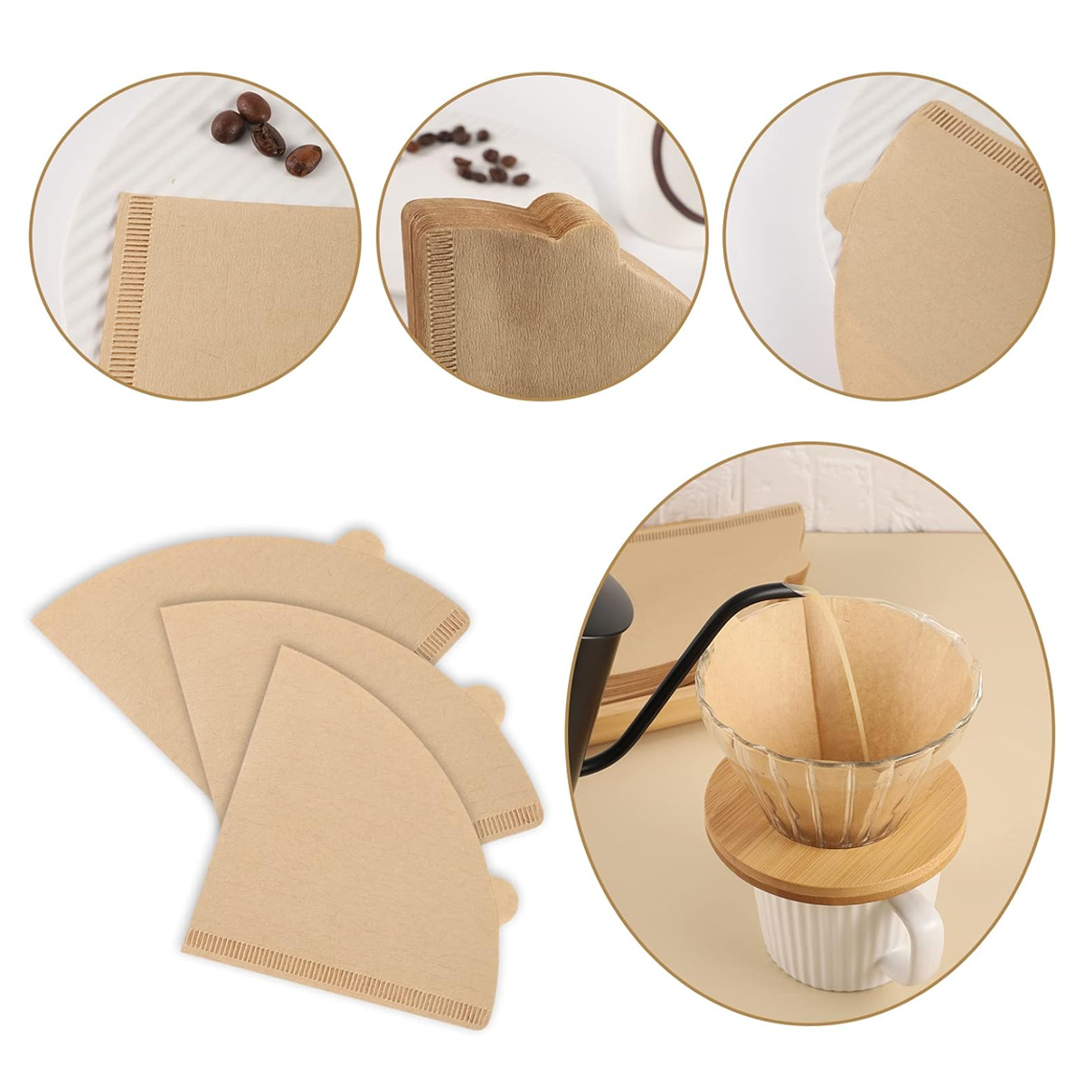 Verschiedene Kaffeefilter und Brühaufbau. Enthält Papierfilter, Glas-Server und eine weiße Tasse.