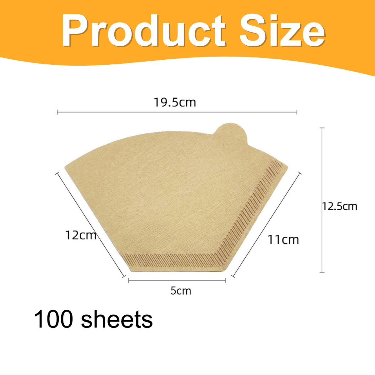 Diagramm eines Kaffeefilters mit den Maßen: 19,5 cm, 12 cm, 11 cm, 5 cm, 12,5 cm. Text: 100 Blatt.