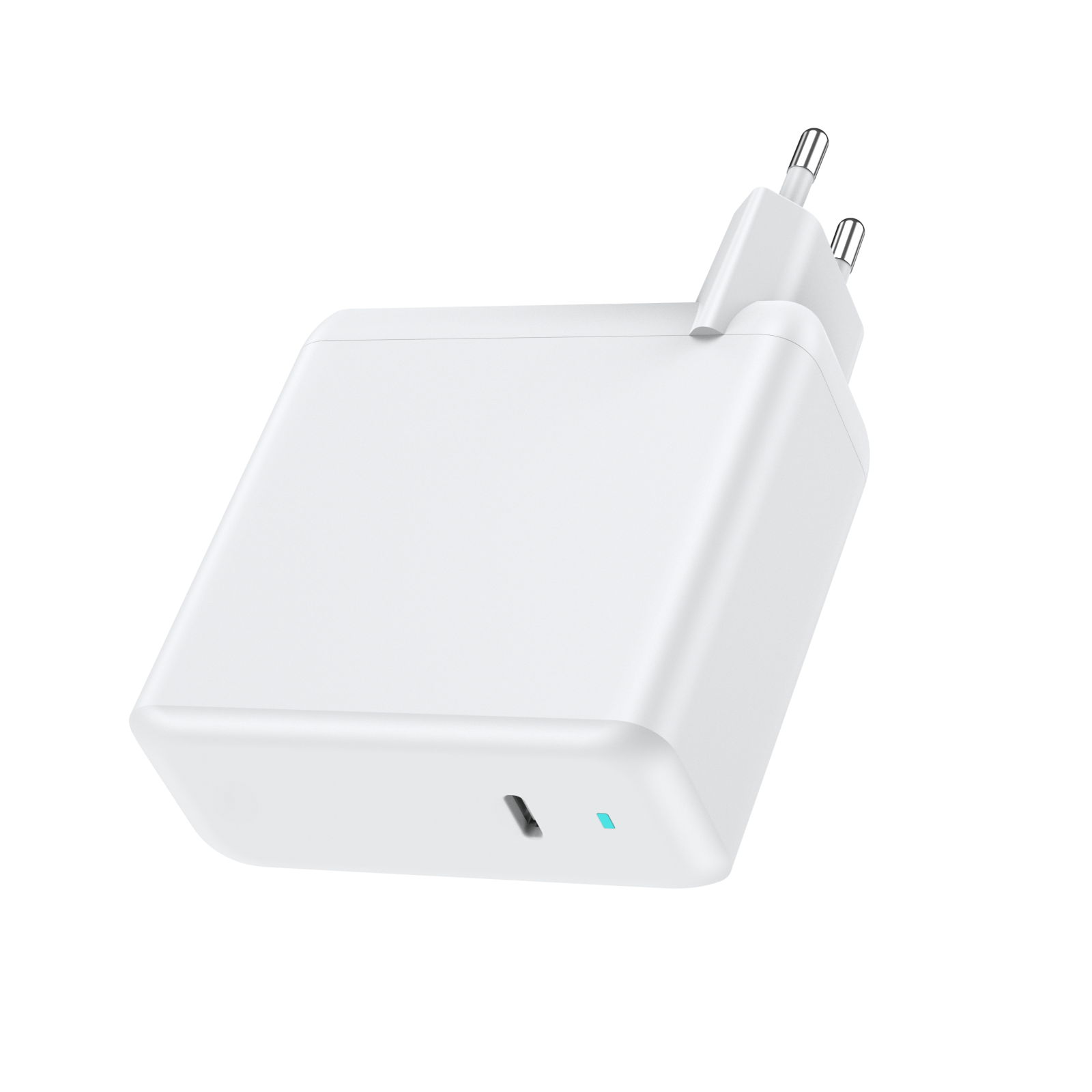 Ein weißes Netzteil mit zwei Stiften und einem USB-C-Anschluss. Der Hintergrund ist weiß.