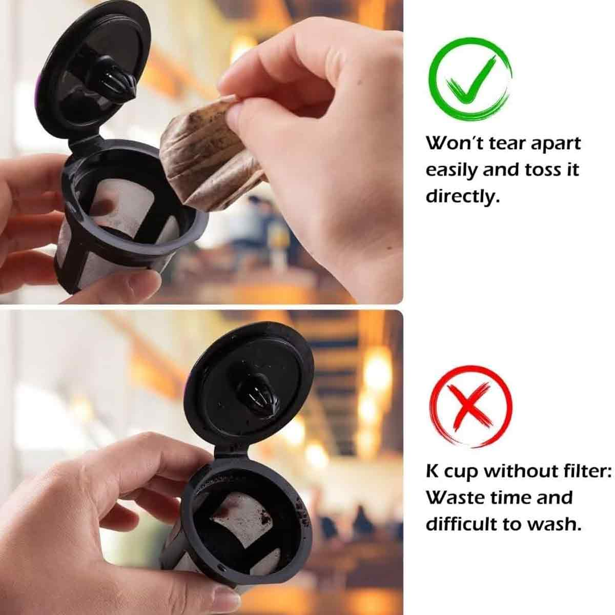 Eine Hand legt einen Kaffeefilter in eine wiederverwendbare K-Tasse. Text sagt, es reißt nicht auseinander. Unten wird eine leere K-Tasse gezeigt.