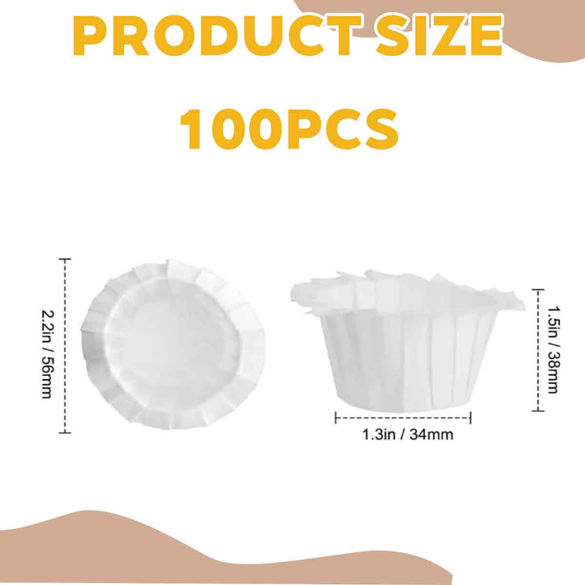 Das Bild zeigt weiße Papier-Backförmchen und Produktdetails. Text sagt 'PRODUCT SIZE 100PCS'. Abmessungen werden mit Maßen angezeigt.
