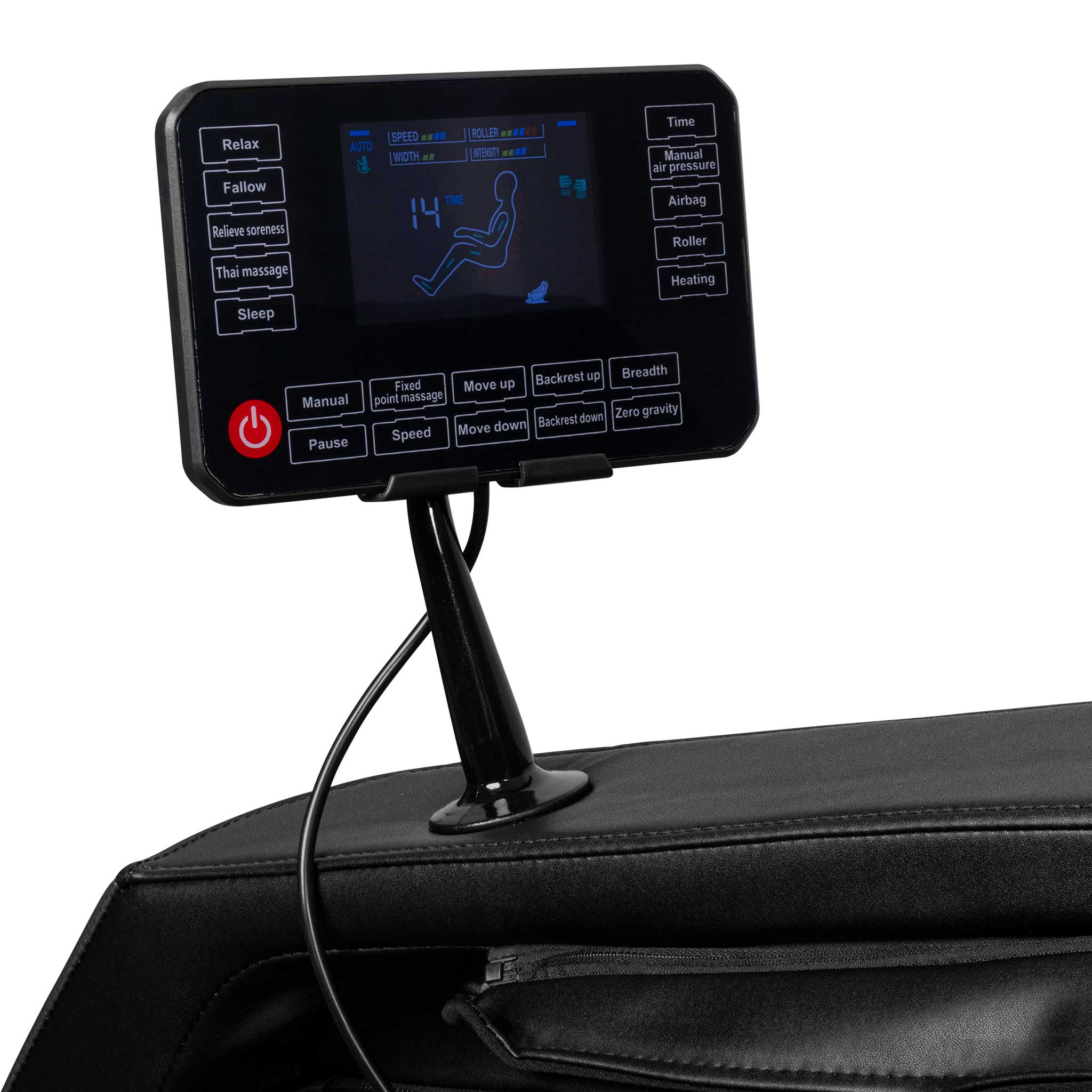 Pokazany jest panel sterowania fotela do masażu. Ma przyciski do opcji masażu i wyświetlacz z ikoną osoby.