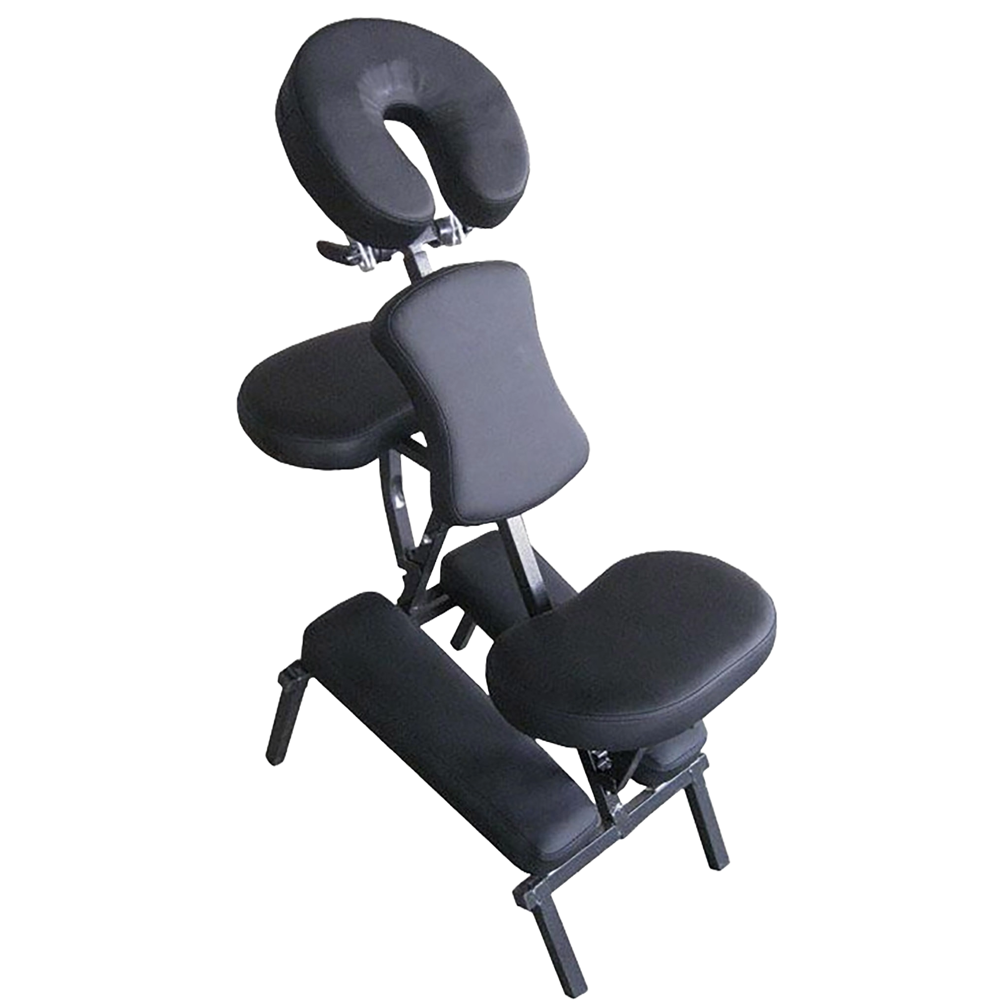 Czarny fotel do masażu na czarnym tle. Ma zagłówek, oparcie, siedzisko i podnóżek.