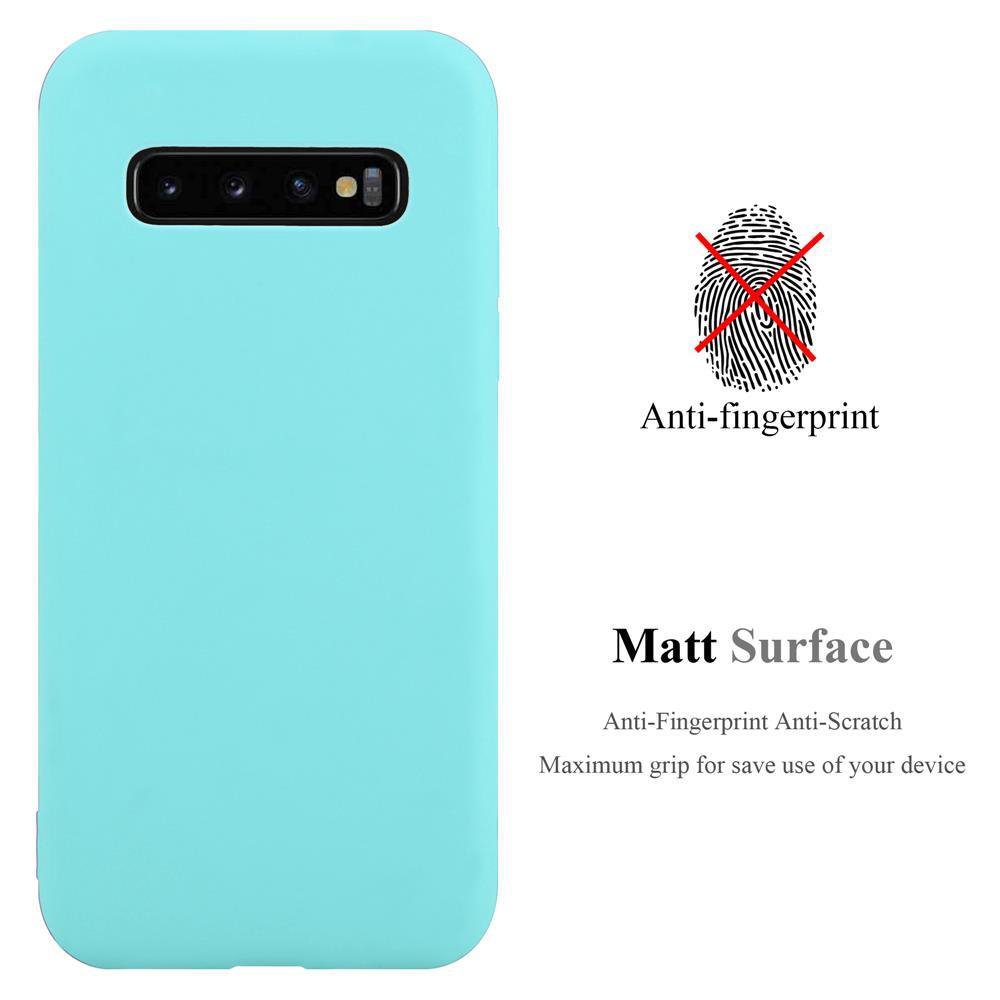 Eine hellblaue Handyhülle mit der Aufschrift 'Anti-Fingerprint' und einem Fingerabdrucksymbol, 'Matt Surface' und Produktdetails.