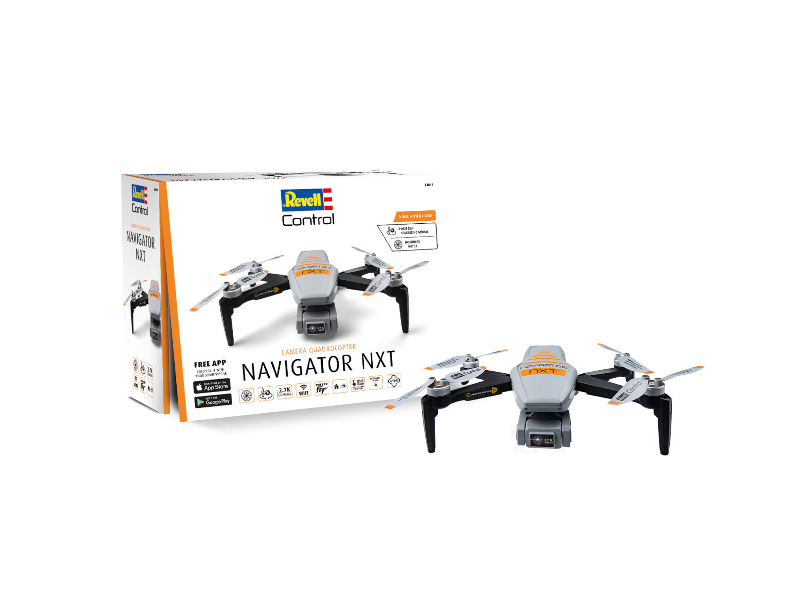 Pudełko i dron. Na pudełku napis 'Navigator NXT'. Dron jest szary, czarny i pomarańczowy. Ma śmigła i kamerę.
