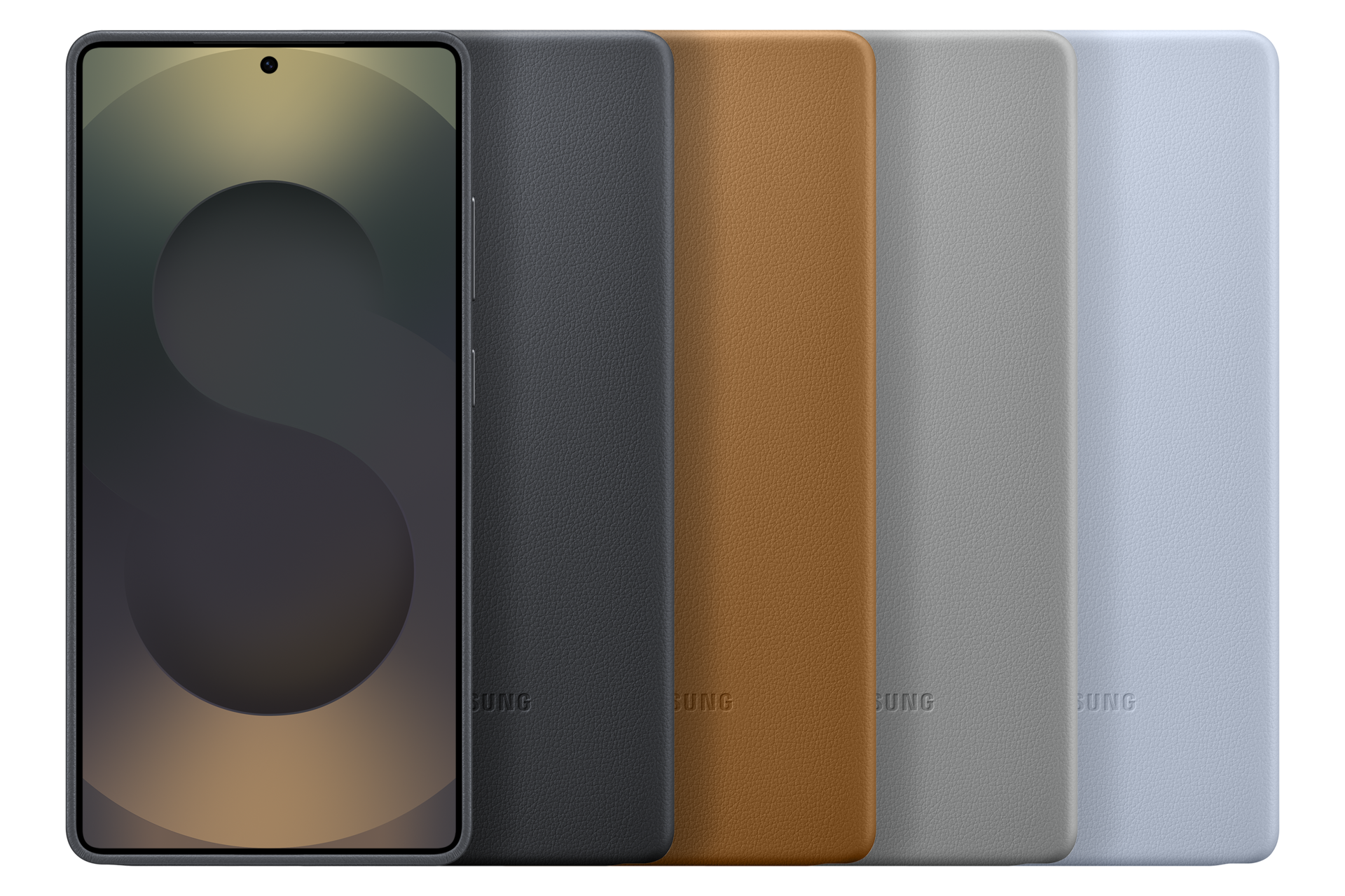 Smartfon z zakrzywionym ekranem obok wielu etui na telefony w różnych kolorach, w tym czarnym, brązowym i szarym.