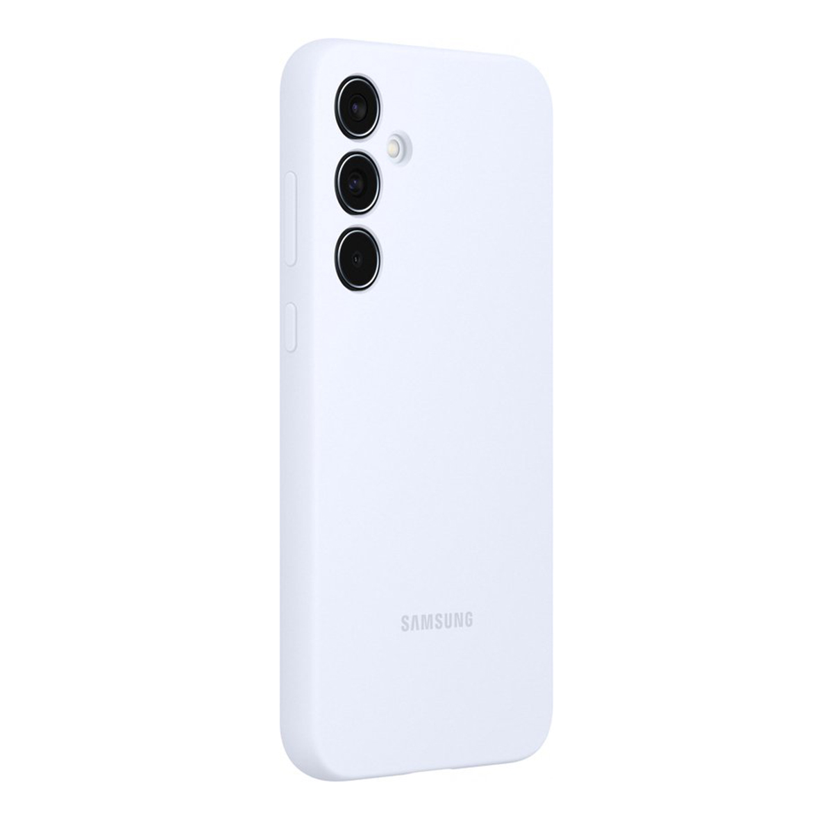 Białe etui na telefon Samsung z trzema obiektywami aparatu i logo Samsung.