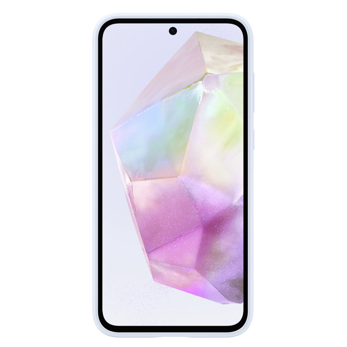 Smartfon z jasnoniebieską ramką. Ekran wyświetla kolorowy, krystaliczny kształt, z kropką dla przedniego aparatu.
