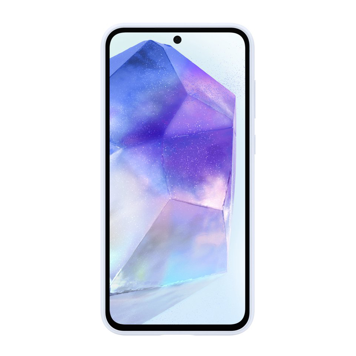Ein Smartphone mit weißem Rahmen zeigt eine lila kristallartige Struktur auf weißem Hintergrund.