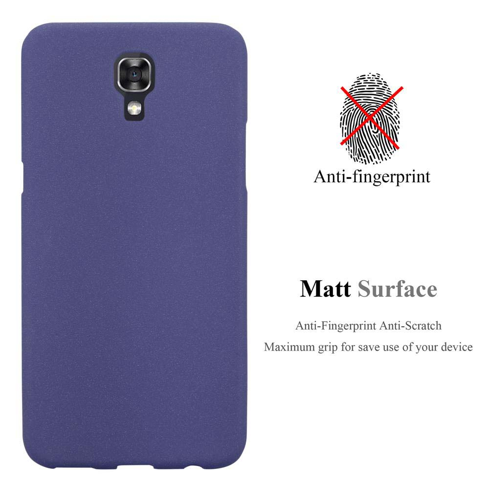 Una custodia per telefono viola con un ritaglio per la fotocamera, sono evidenziate le funzioni anti-impronta e superficie opaca.