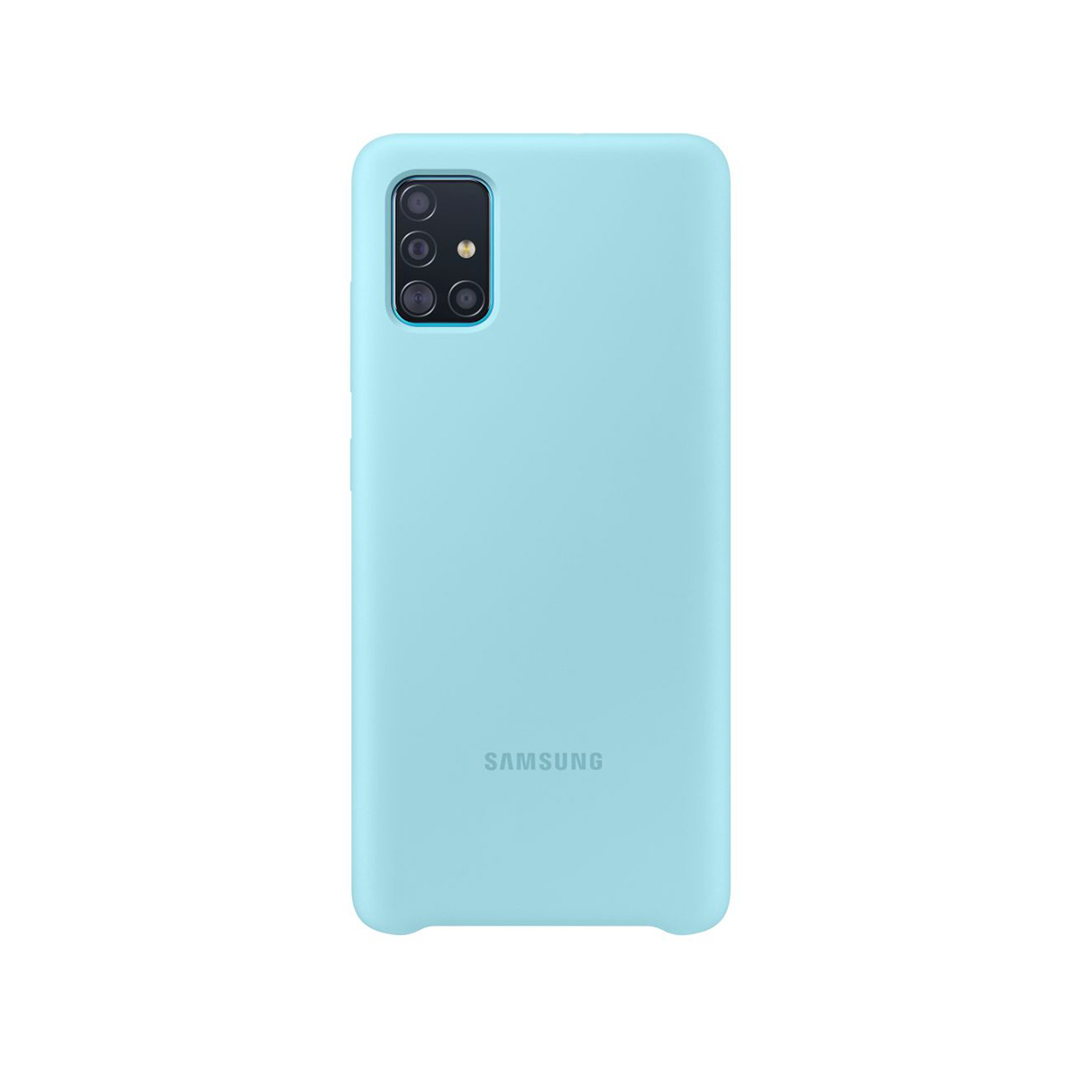 Hellblaue Handyhülle. Sie hat eine Kameragruppe in der oberen linken Ecke und das Samsung-Logo unten.