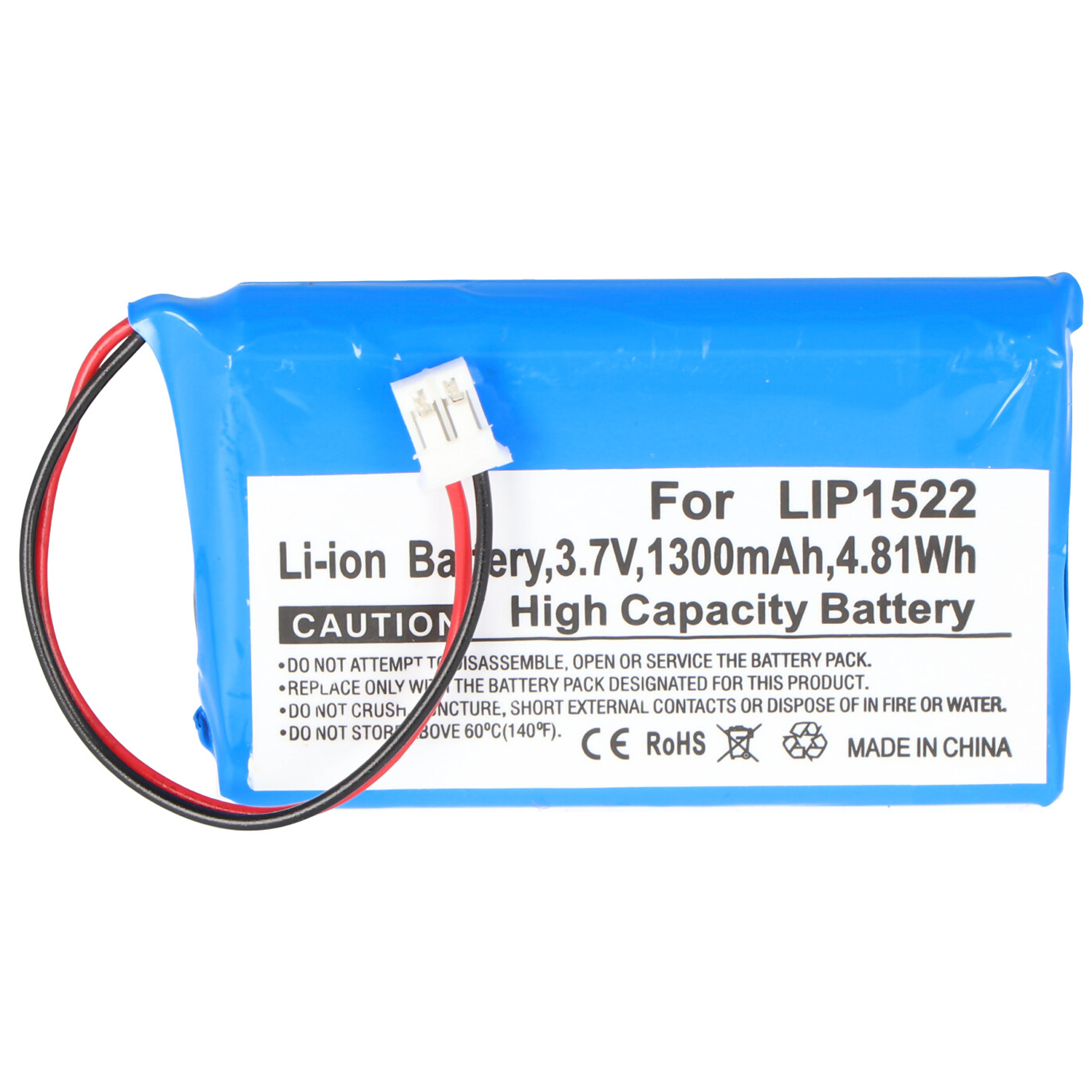 Blauer Li-Ionen-Akku mit schwarzen und roten Drähten. Aufschrift: LIP1522, 3,7 V, 1300 mAh, 4,81 Wh und 'Made in China'.