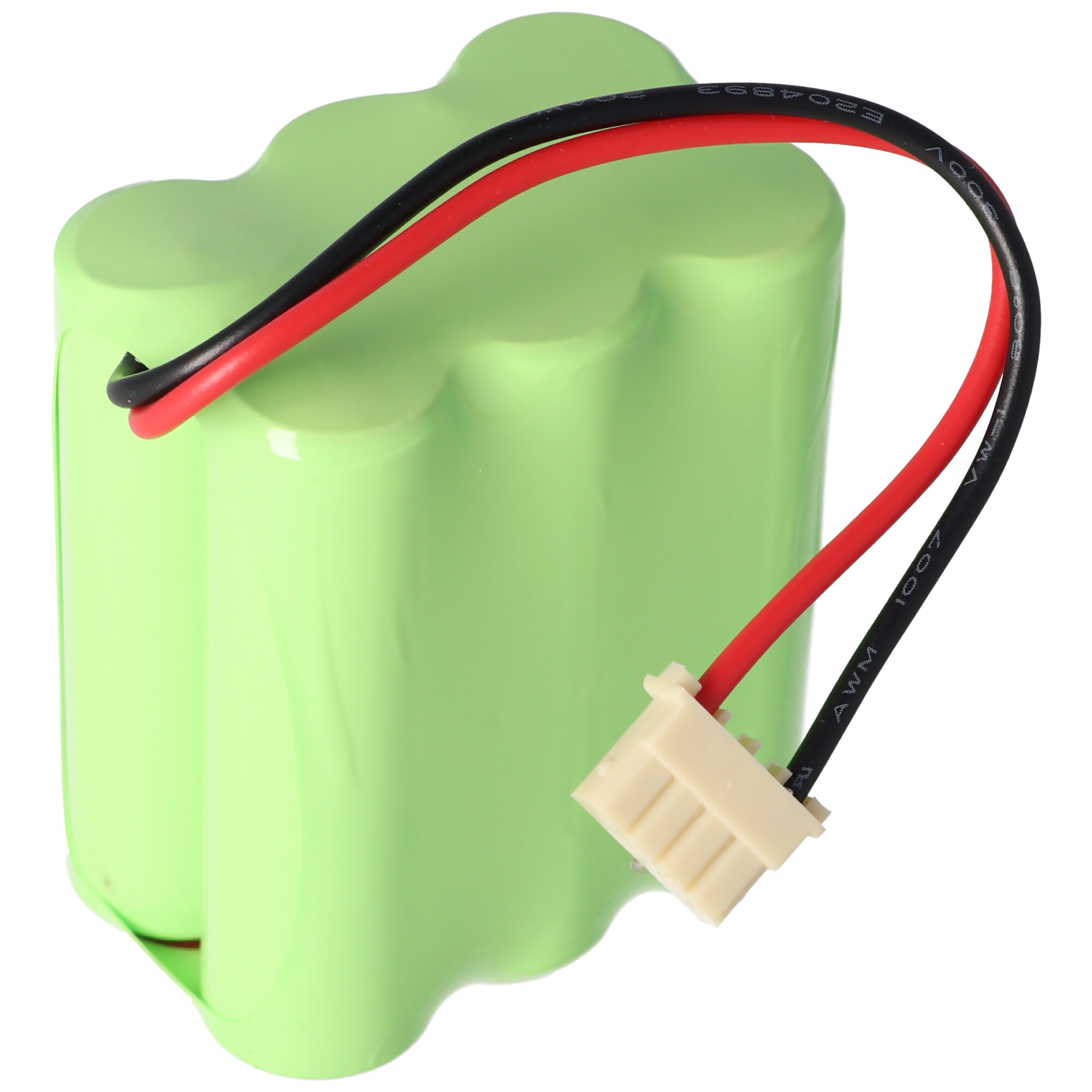Ein grünes Batteriepack mit schwarzen und roten Drähten, die mit einem weißen Stecker verbunden sind.