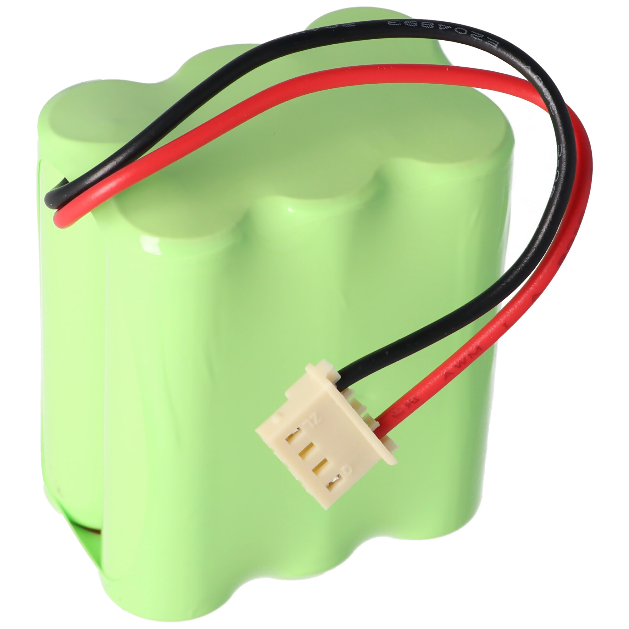 Ein grünes Batteriepack mit schwarzen und roten Drähten, die mit einem weißen Stecker verbunden sind. Isoliert auf weißem Hintergrund.