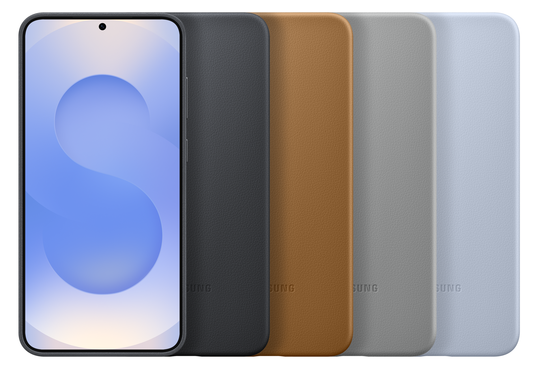 Uno smartphone con schermo curvo accanto a quattro custodie in pelle per telefono nere, marroni, grigie e azzurre.