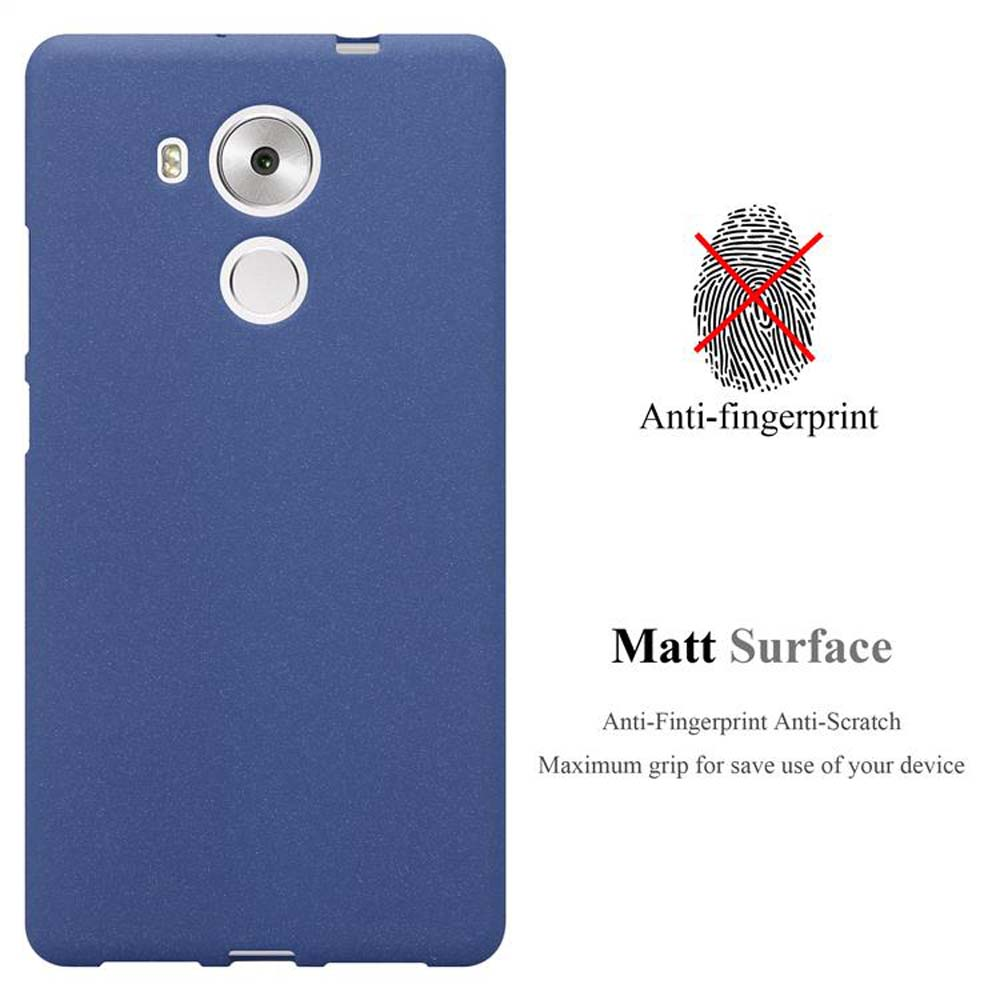 Una custodia blu per telefono con fotocamera e protezione impronte digitali. Il testo include 'Anti-impronte' e 'Superficie opaca'.