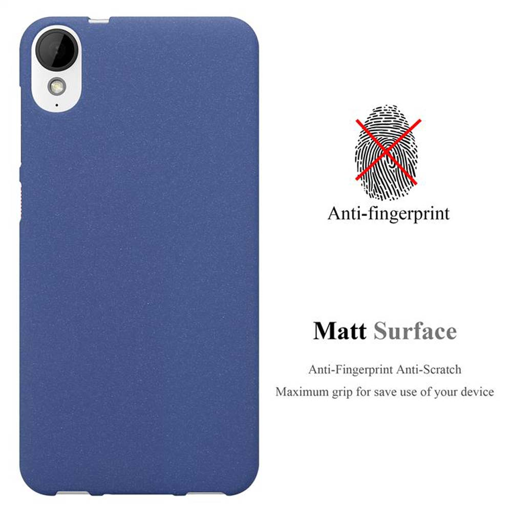 Viene mostrata una custodia per telefono con superficie blu opaca. Il testo dice 'Anti-impronte' e 'Superficie opaca'. La custodia è anti-impronte e antigraffio.