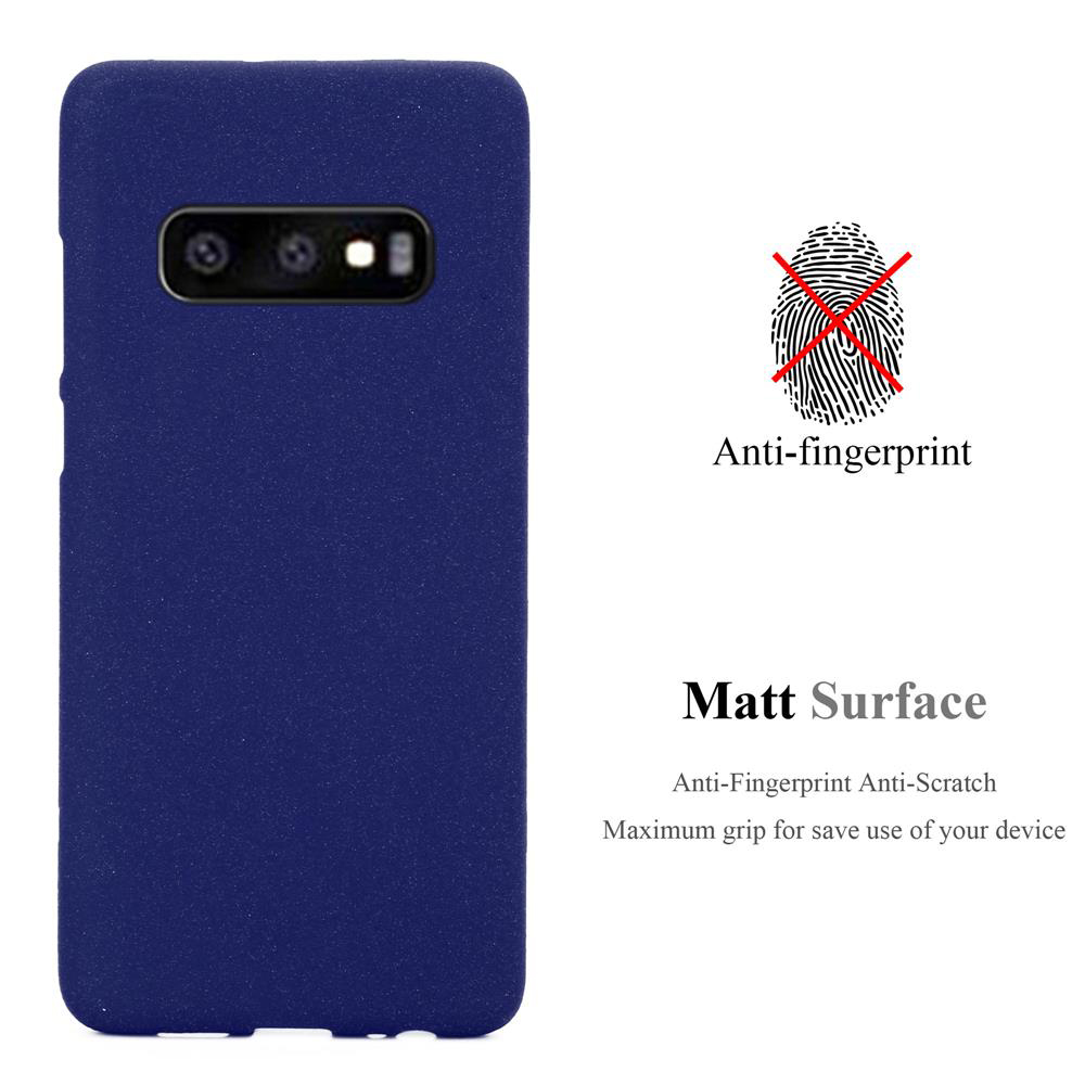 Una custodia blu navy. Accanto, un grafico di impronte digitali con una croce rossa, il testo dice 'Anti-fingerprint' e 'Matt Surface'.