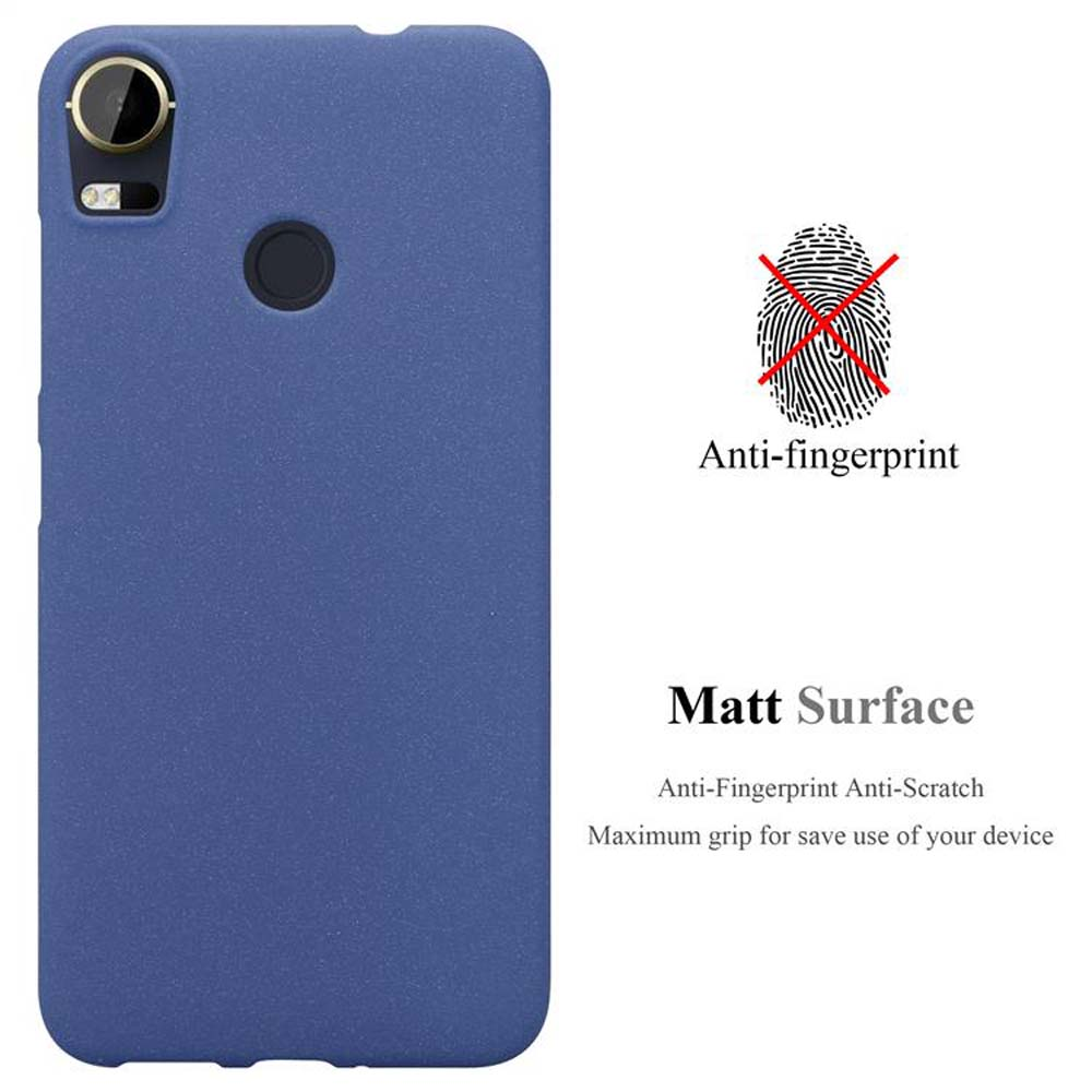 Una custodia blu per telefono con fotocamera e design anti-impronte. Il testo include 'Matt Surface' e 'Anti-fingerprint'.
