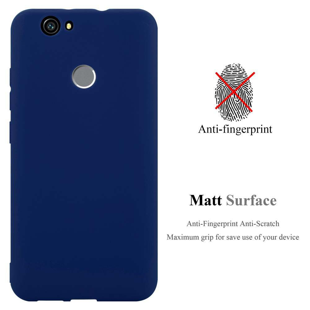 Una custodia blu navy per telefono. Ha un foro per la fotocamera e un'icona di impronta digitale. Il testo recita: Anti-impronte digitali, Superficie opaca, Anti-graffio.
