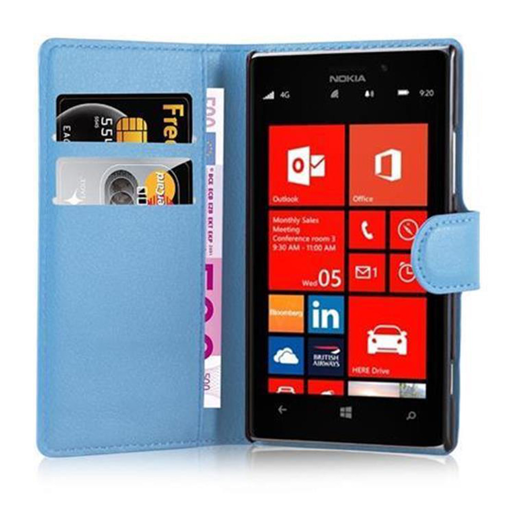 Una custodia blu per telefono con uno smartphone che mostra app, carte di credito e contanti. Il telefono Nokia è visibile.