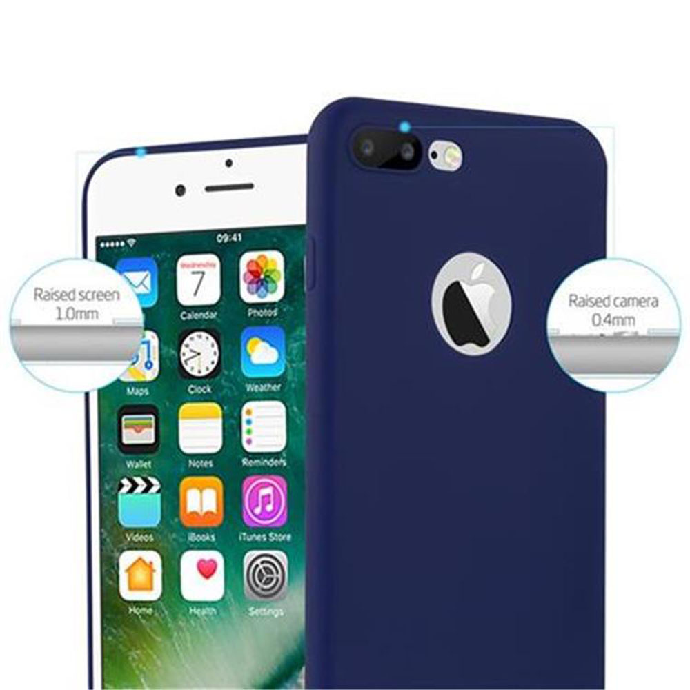 Ein iPhone mit Apps auf dem Bildschirm neben einer dunkelblauen Handyhülle mit Apple-Logo.