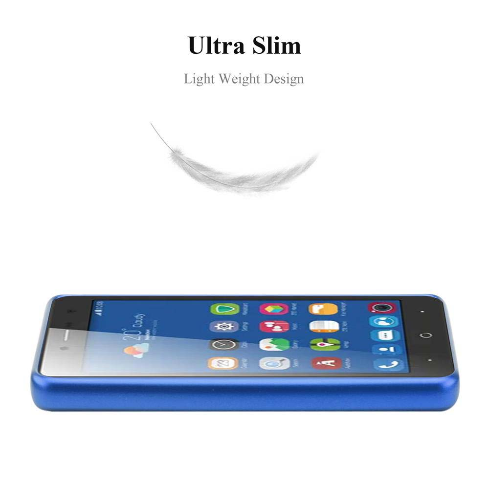 Uno smartphone blu con schermo che mostra app. Una piuma fluttua sopra, con testo 'Ultra Slim' e 'Light Weight Design'.