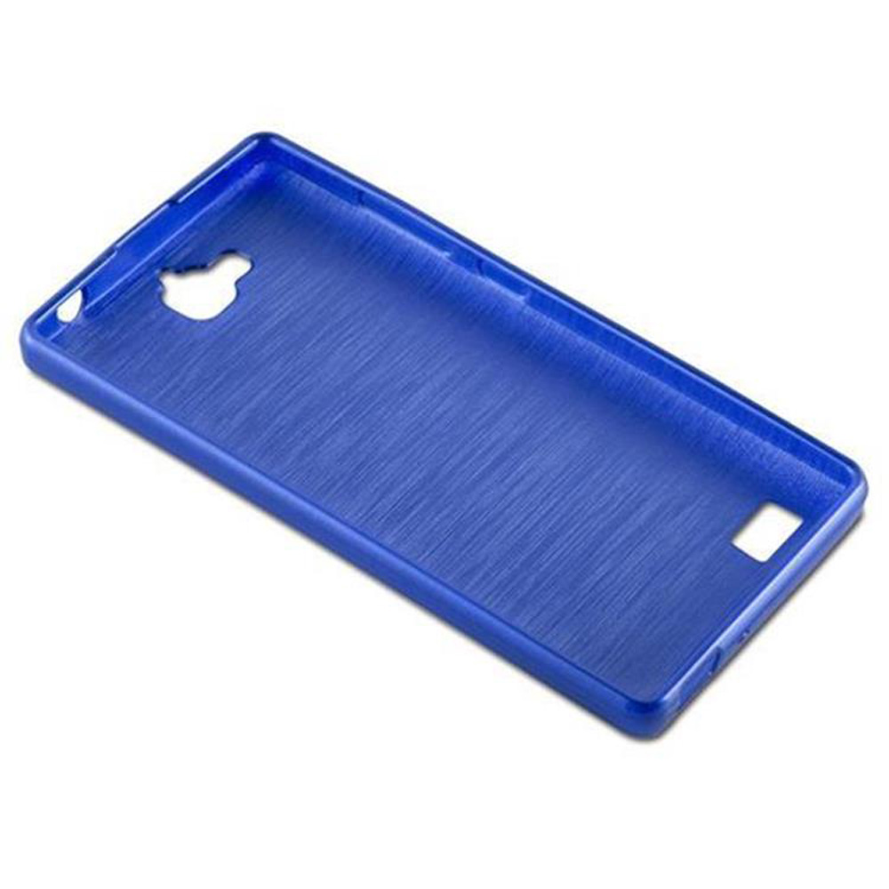 Una funda azul para teléfono con superficie texturizada, con recortes para la cámara, botones y puertos, sobre un fondo blanco.