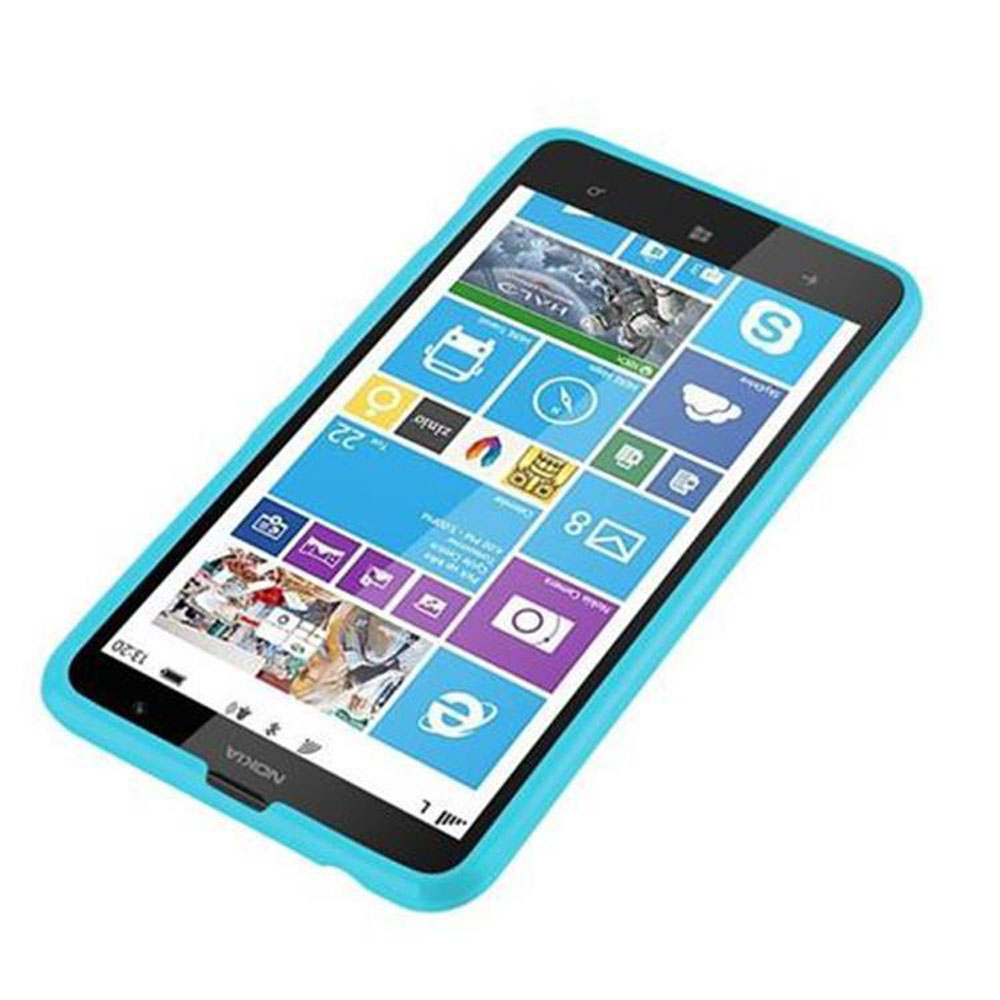 Viene mostrato uno smartphone Nokia con custodia blu. Lo schermo mostra le icone delle app. Il telefono è angolato, con sfondo bianco.