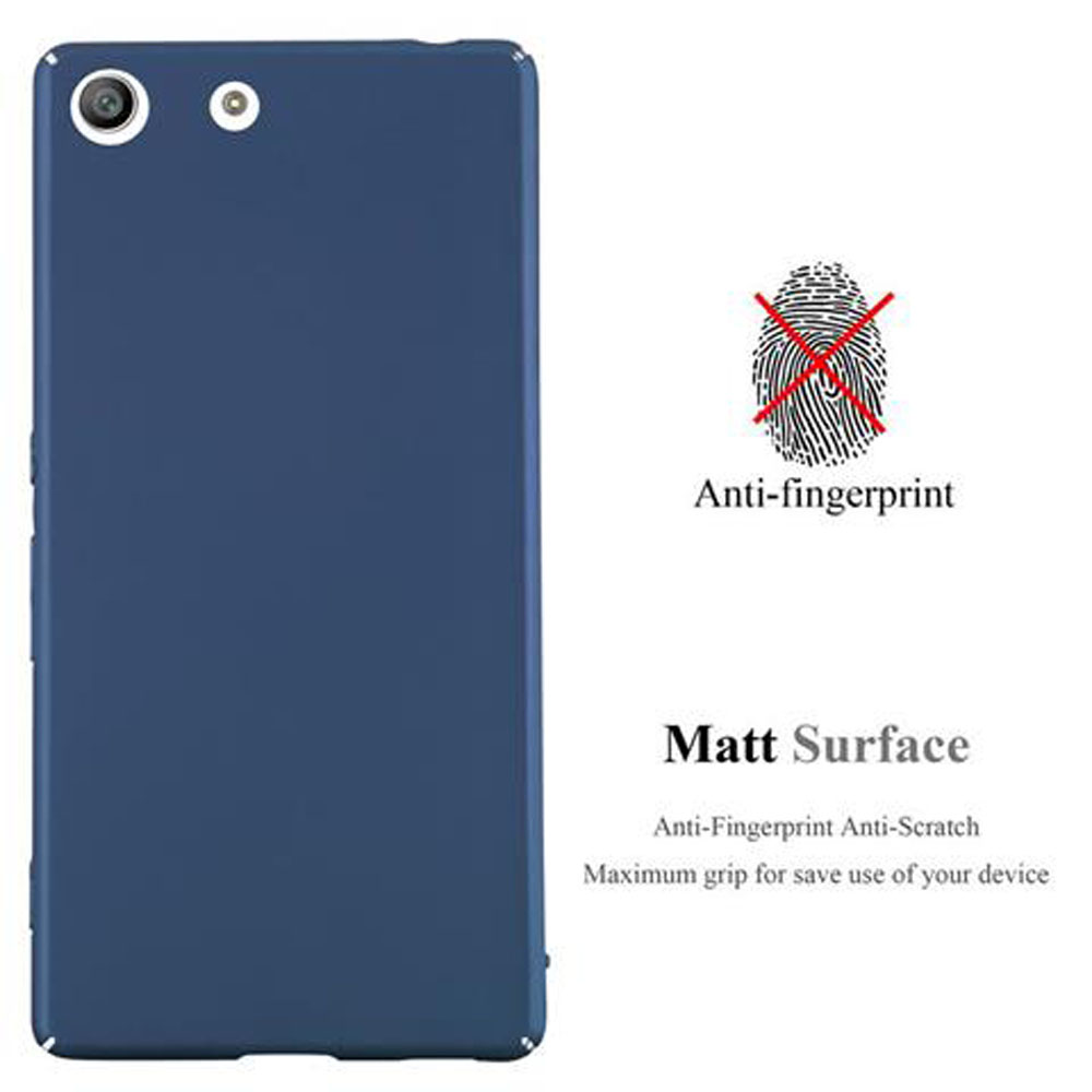 Una funda azul marino. Texto: anti-huellas, superficie mate, antiarañazos. Características: agarre máximo.