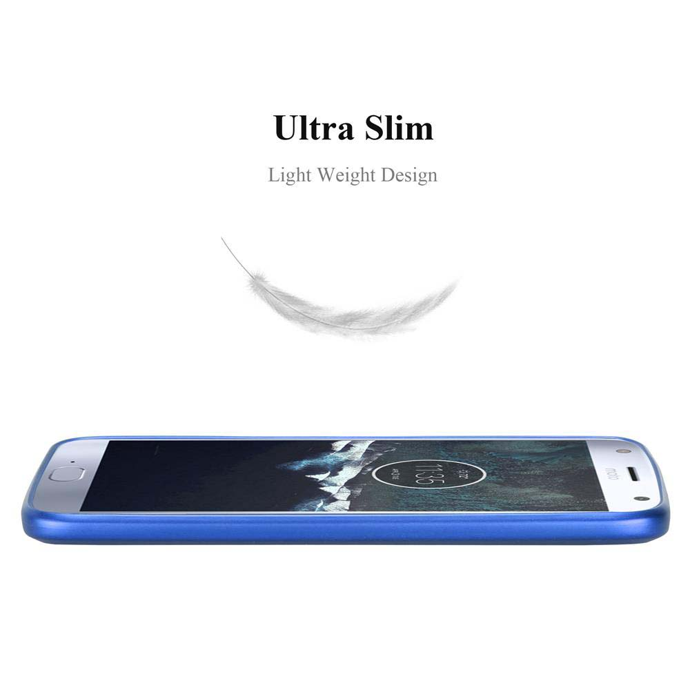 Ein blaues Telefon auf weißem Hintergrund. Ultra Slim Text steht über dem Telefon. Eine Feder befindet sich im Hintergrund.