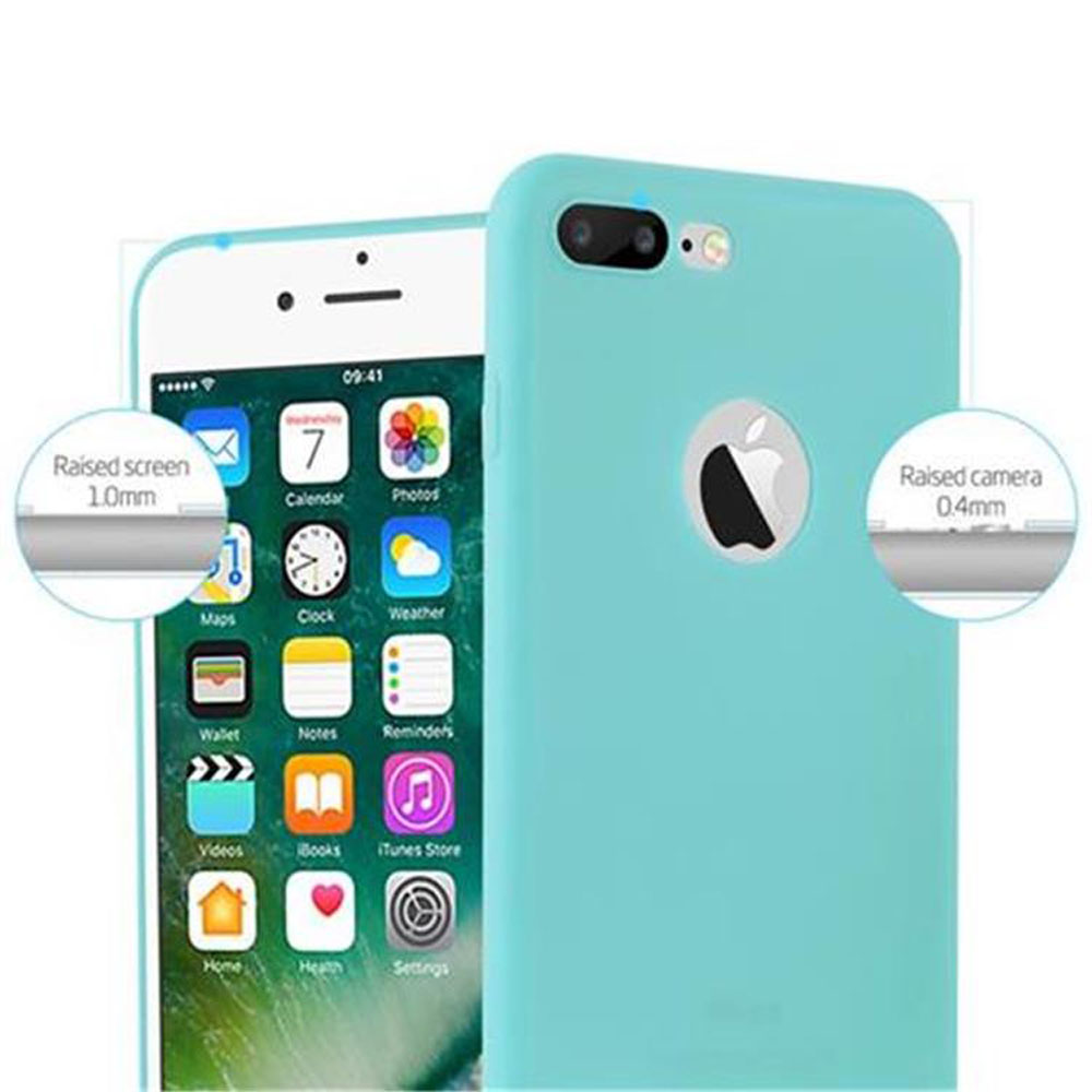 Un iPhone con custodia turchese. Lo schermo mostra le app. Viene mostrato un dettaglio dello schermo e della fotocamera rialzati.
