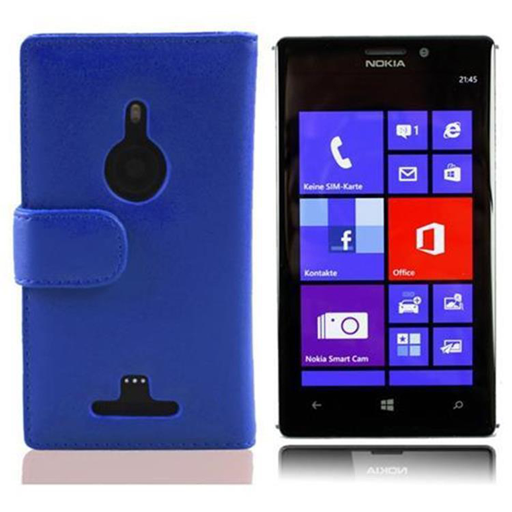 Un étui de téléphone bleu à côté d'un smartphone Nokia affichant des icônes d'applications. Le téléphone affiche l'heure et l'icône 'Office'.