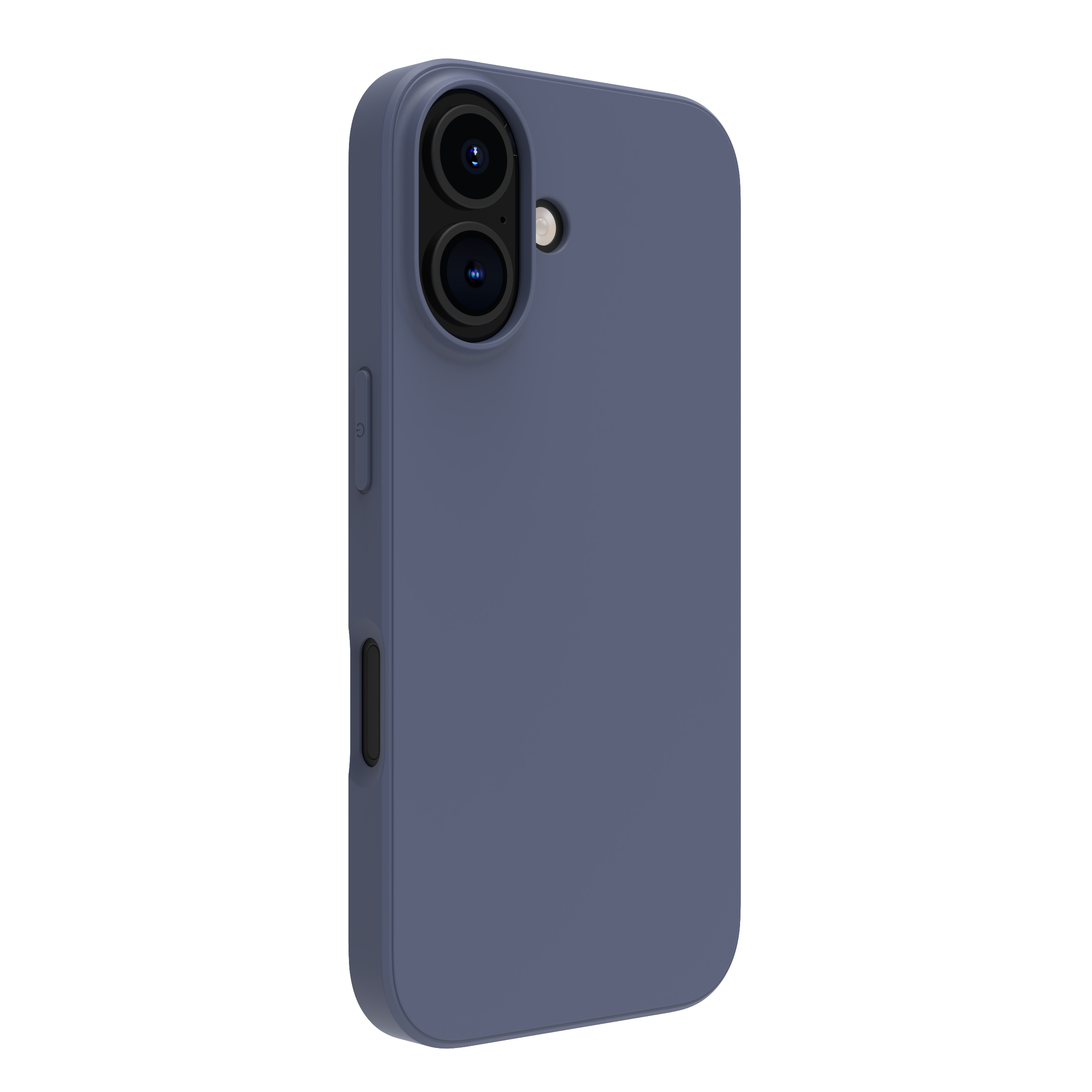 Una custodia blu per telefono con fotocamera a doppia lente. Ha un pulsante di accensione ed è isolata su bianco.