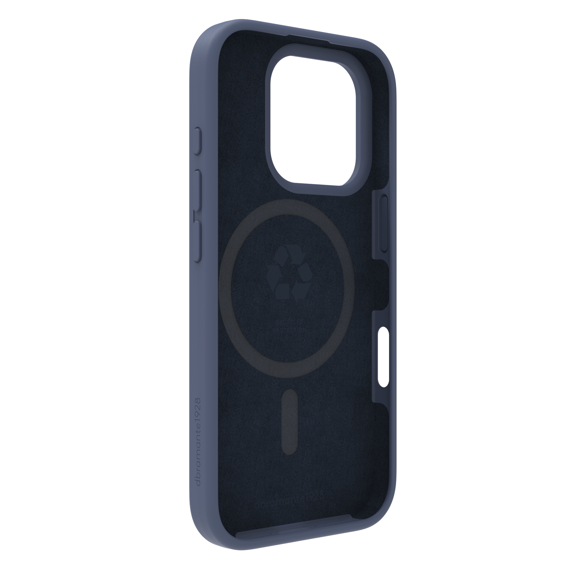 Una custodia per telefono blu scuro. Ha un ritaglio per la fotocamera, pulsanti laterali e un'area circolare con un simbolo di riciclaggio.