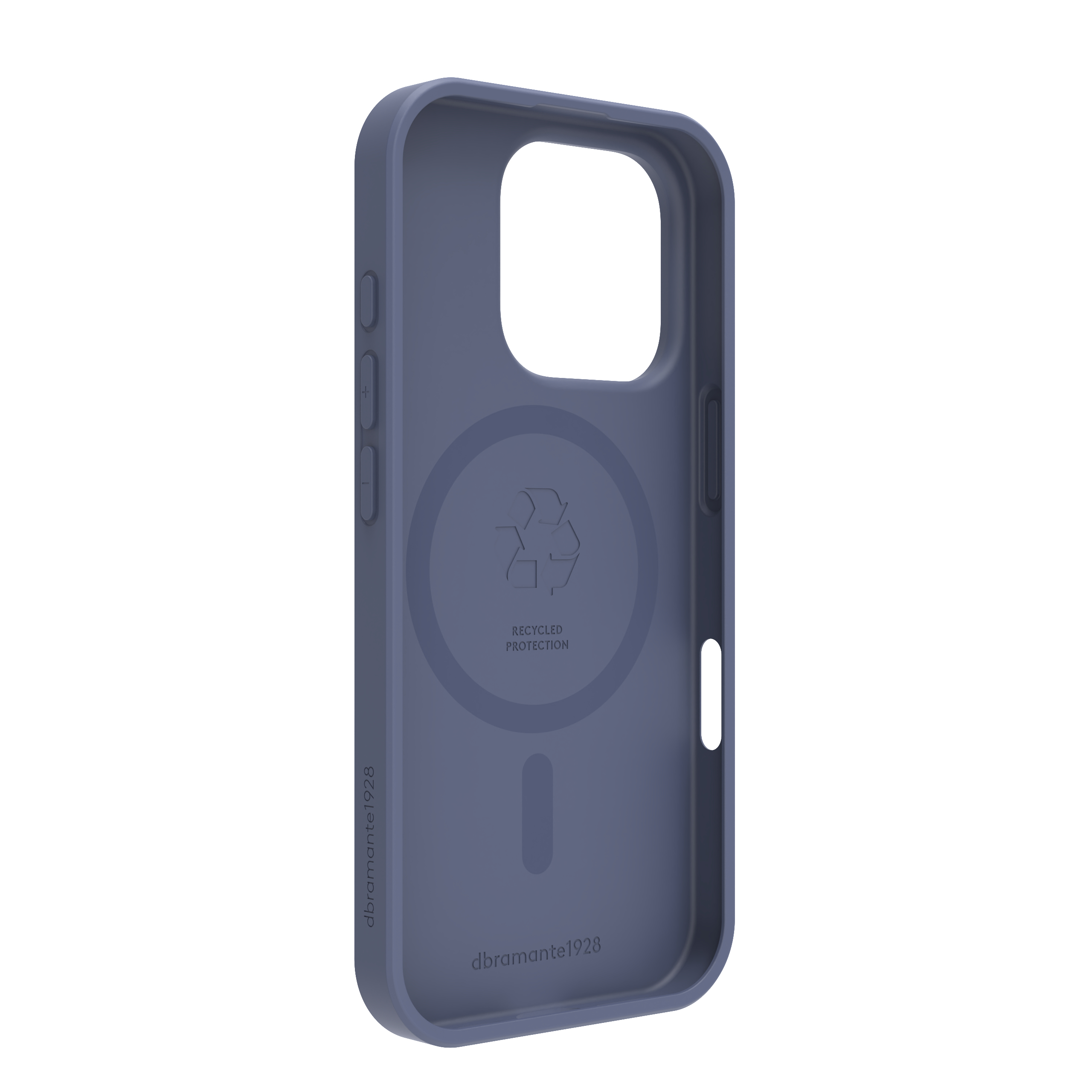 Una custodia per telefono blu scuro. Ha un ritaglio per la fotocamera e i pulsanti. All'interno, un simbolo di riciclaggio e la scritta 'recycled protection'.