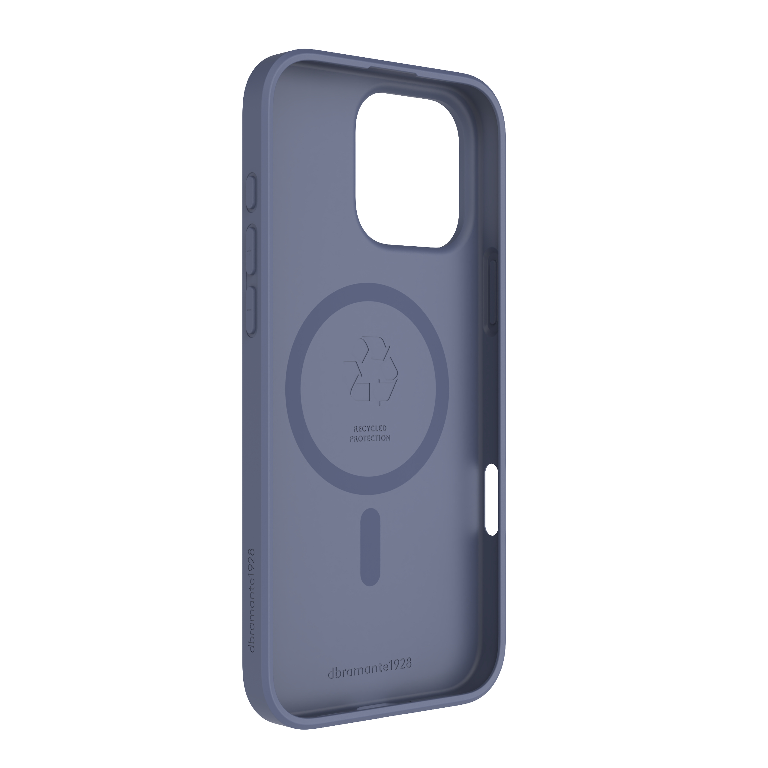 Una custodia blu per telefono con un ritaglio per la fotocamera. Ha un logo di riciclo e le parole 'Recycled Protection'.