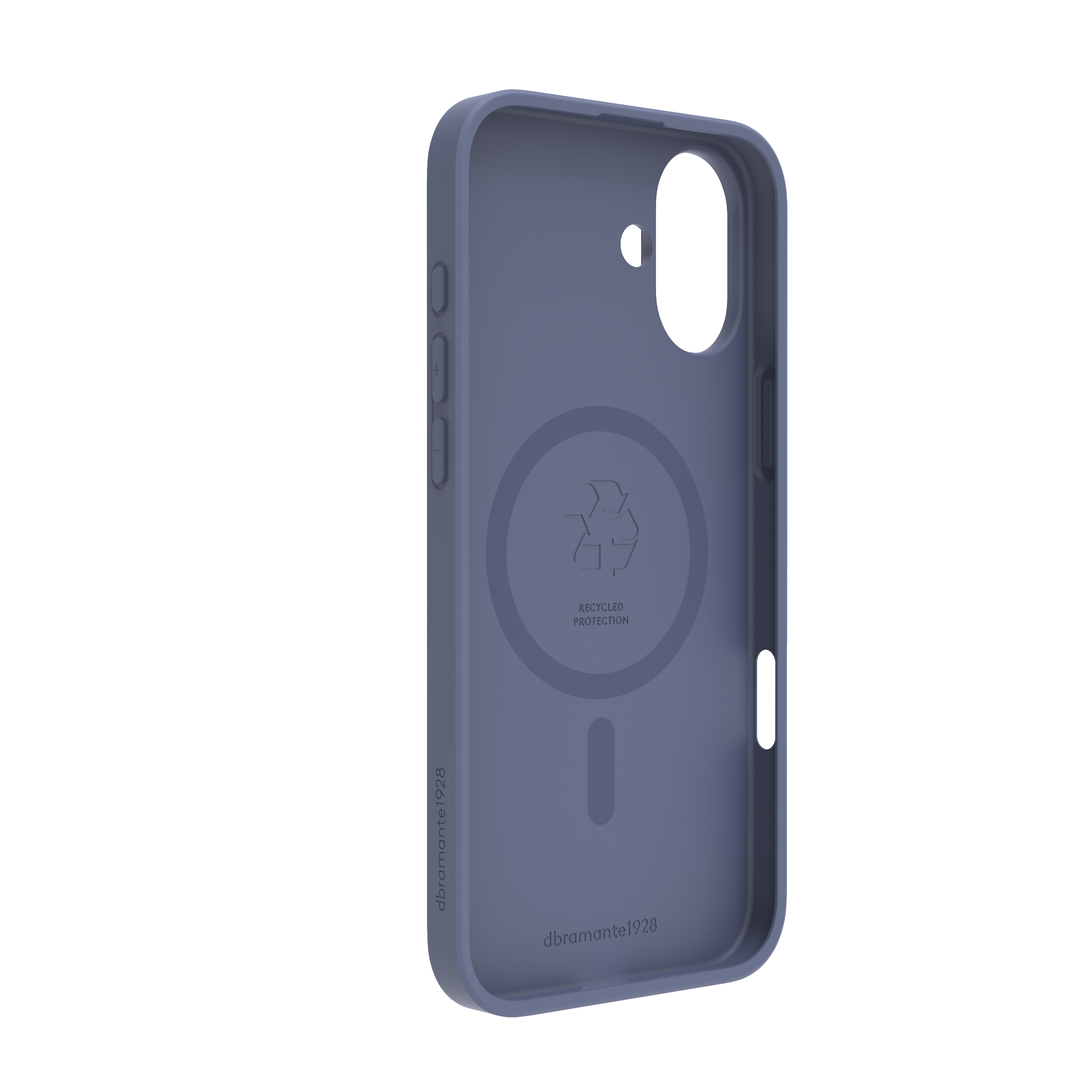 Una custodia blu per telefono con un simbolo di riciclaggio sul retro. Ha il marchio e lo spazio per la fotocamera del telefono.